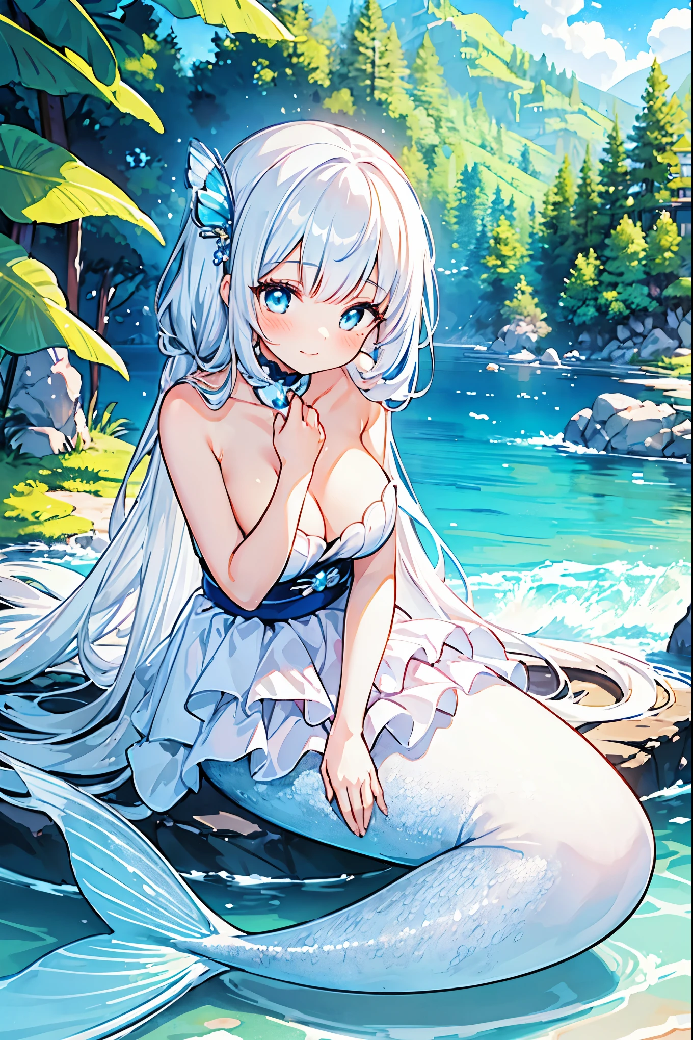 masterpiece, best quality,A woman,Mermaid,白色Mermaid尾巴,White hair,full-body shot,Sitting,charming face(Kawaii, charming,Soft)