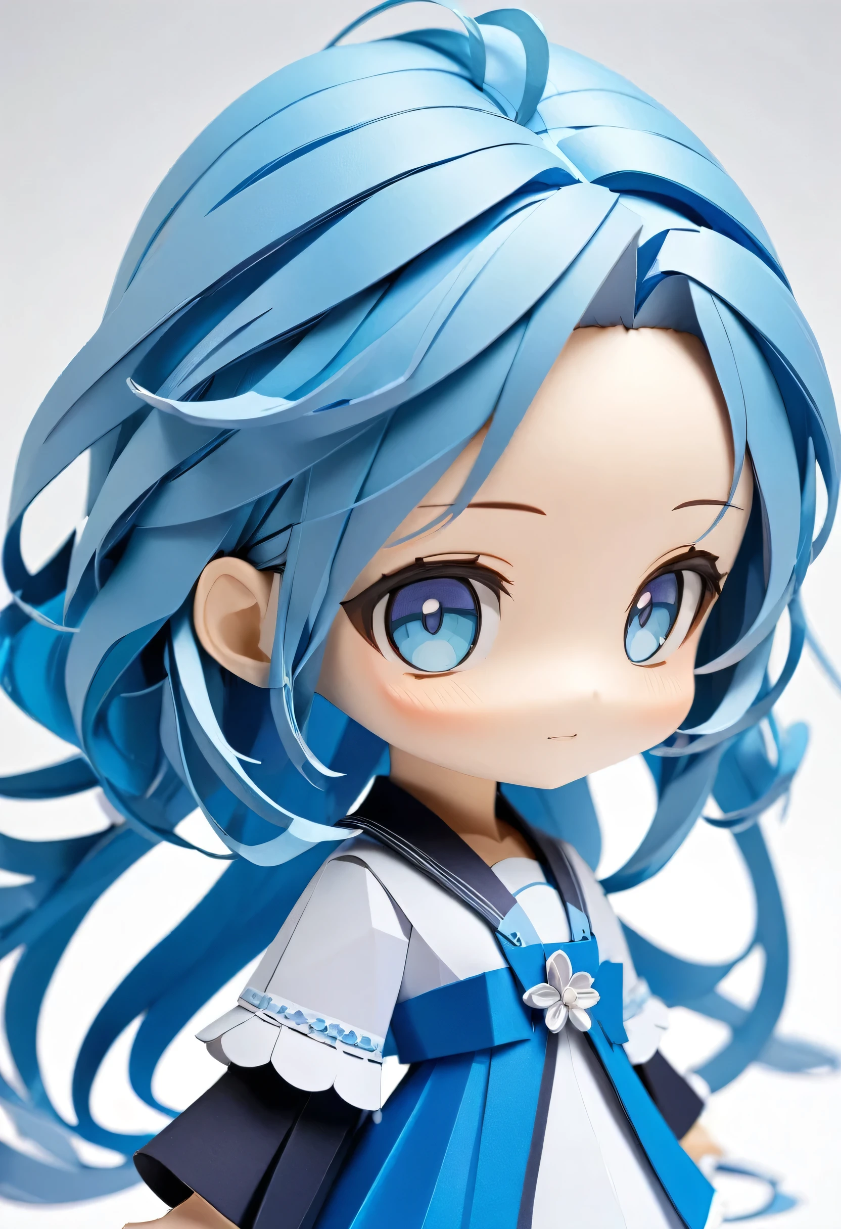 best quality, papercraft:1.6, a forehead:0.3 blue hair long hair lovely girl, lovely blue eyes.