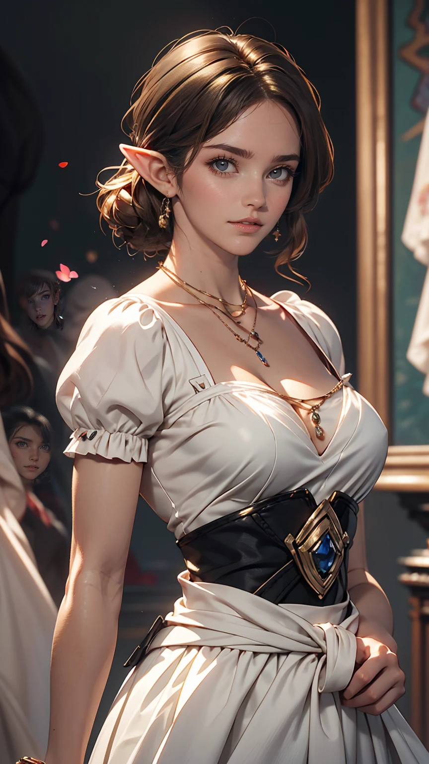 Waist shot of a female elf, Complex, Narrow Face, elegant, Wearing a sapphire necklace, White lightweight dress with straps, To the camera, Very detailed, Digital Painting, Art Station, Concept Art, Smooth, Sharp focus, figure, Artgerm、Greg Rutkowski、Art by Alphonse Mucha, 8k, Volumetric Fog, bloom, light, lumen, Crank blur