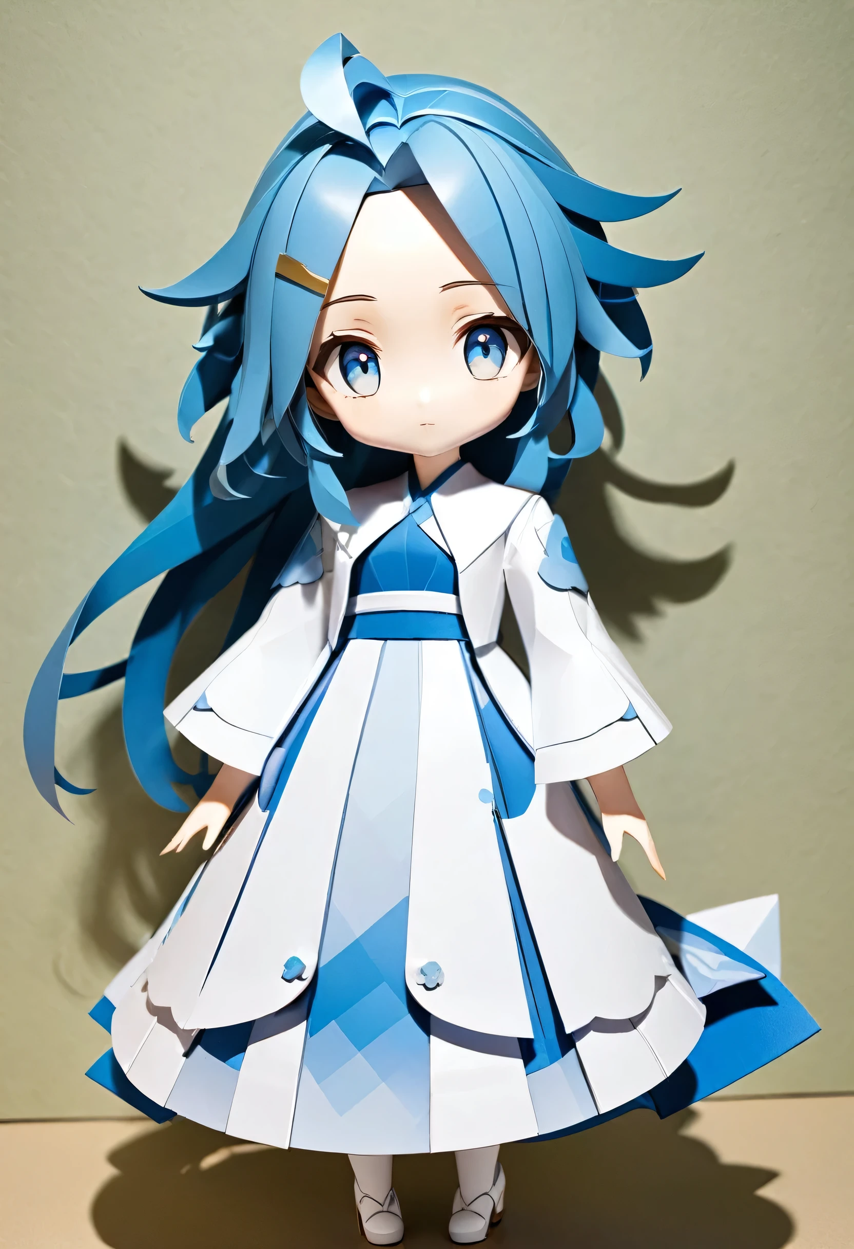 best quality, papercraft:1.6, a forehead:0.3 blue hair long hair lovely girl, lovely blue eyes.