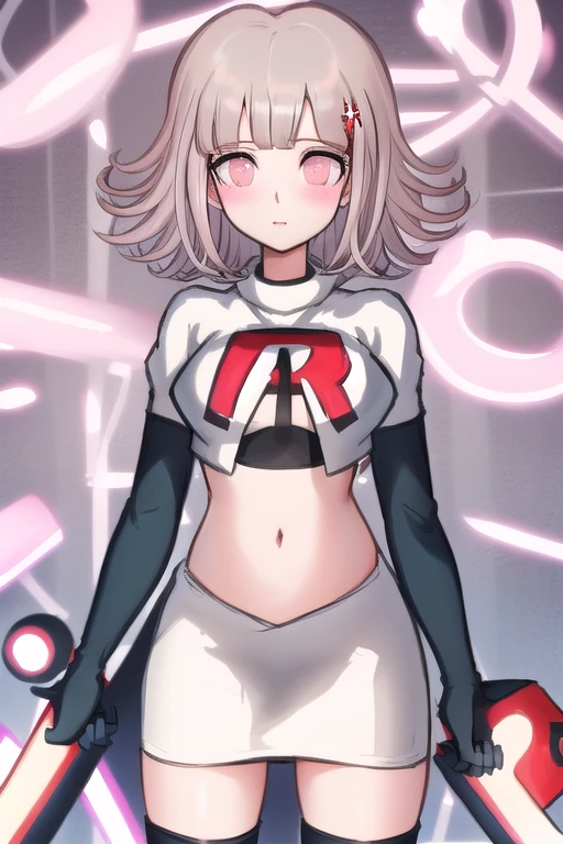 1girl, solo,Chiaki, hair ornament, hairclip, breasts,light pink hair, medium hair, cowboy shot, blushes, (perfect hands), team rocket,team rocket uniform,white skirt,red letter R,crop top,black thigh-highs,black elbow gloves
