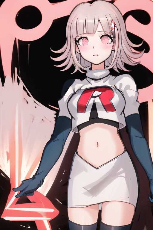 1girl, solo,Chiaki, hair ornament, hairclip, breasts,light pink hair, medium hair, cowboy shot, blushes, (perfect hands), team rocket,team rocket uniform,white skirt,red letter R,crop top,black thigh-highs,black elbow gloves
