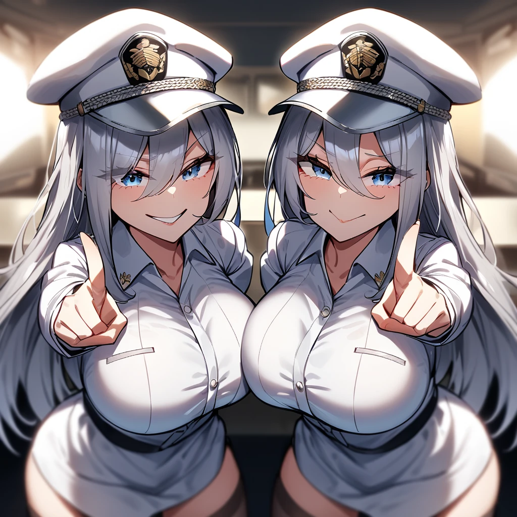 ,twins,Gray Hair,stockings,Mature Woman.very aesthetic,absurdres,{{White jacket}},grey,light blue,long hair,looking at viewer,military hat,light hair,{{silvery white}},blurry,eyes visible through hair,crooked smile,eyeliner,one-eyed,large breasts,white shirt, finger to mouth,underwear,