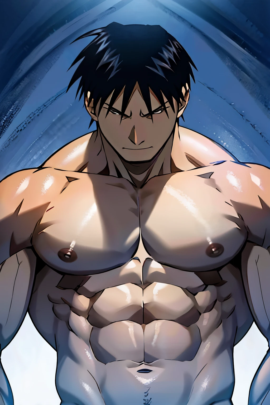 Roy Mustang from Full Metal Alchemist, bodybuilder, shirtless, focused from below the chest, seen from below