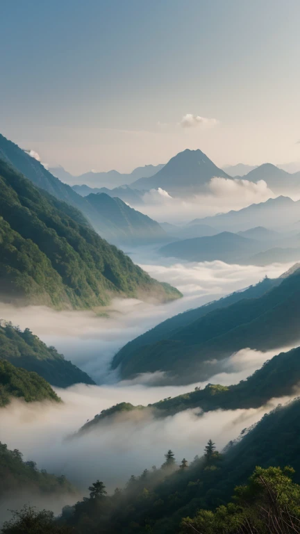 Valley，Clouds，Zen，peaceful，aloof，mystery，mountain peak，mist，bamboo forest，Chinese painting style，The artistic conception is far-reaching，Morning mist light，Soft shadows，Natural Transition