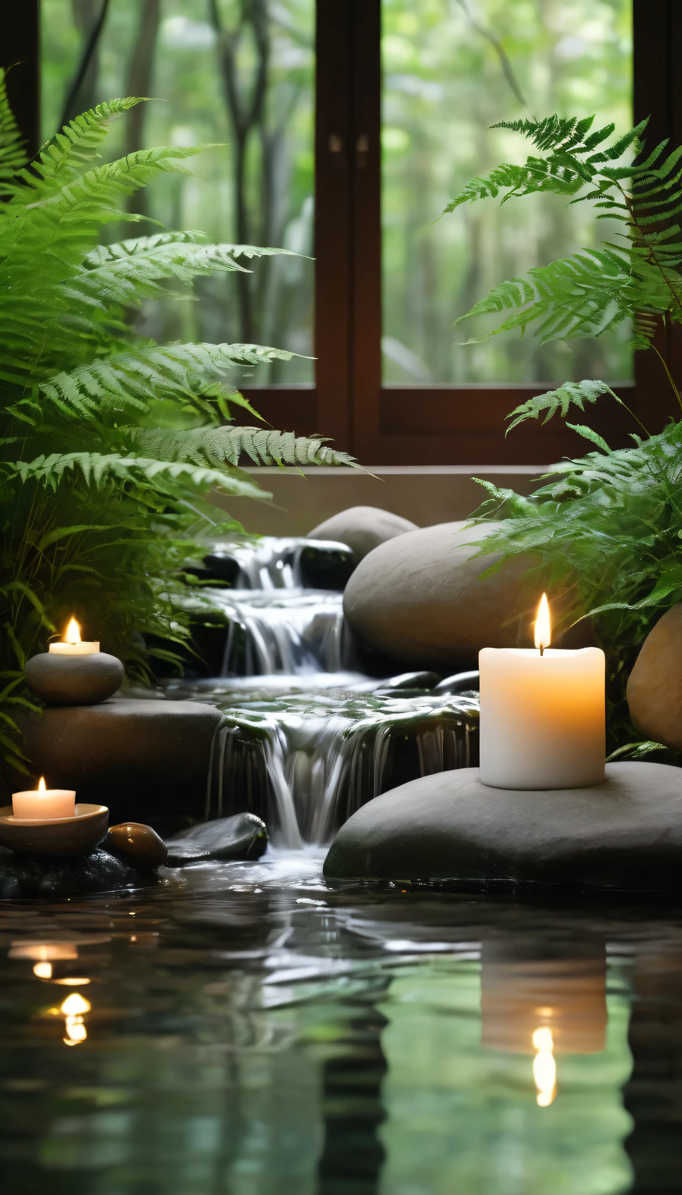 A minimalist Japanese style scene,There is a gurgling stream.Stone platform covered with ferns located deep in the tranquil forest bokeh background、Light two scented candles,The scene includes soft lighting、Flat lay roses、White silk scarf、SPA energy stone、Exquisite transparent SPA essential oil in glass bottle,and gentle candlelight,Create a fresh、Bright、Relaxing and comfortable atmosphere,Evoking a sense of tranquility and simplicity。A peaceful aura or meditative state has a warm and pure atmosphere