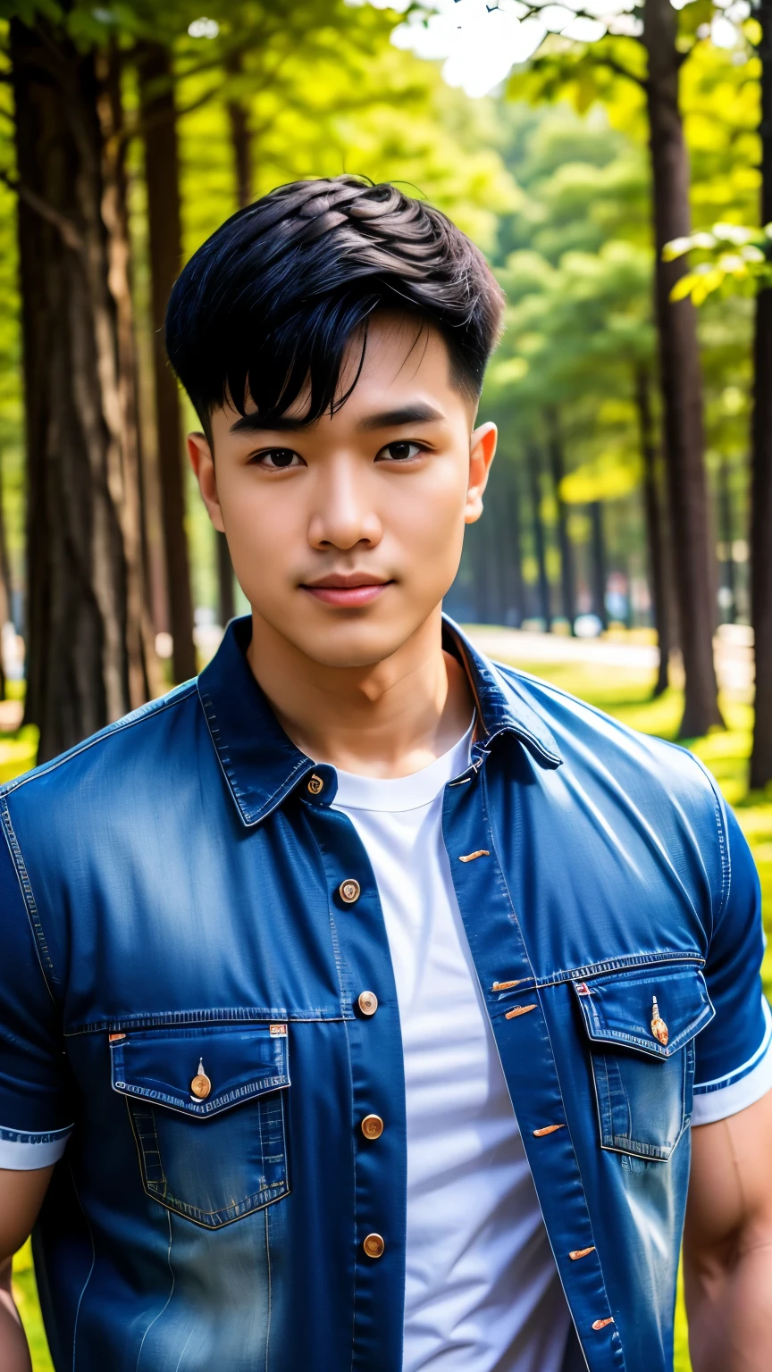 Masterpiece, best quality, High quality, วอลล์เปเปอร์ CG unity 8k ที่มีvery detailed, depth of field, HDR,,Realistic picture,very detailed, 1 man smiling, Asia, black short hair, (Wear a white t-shirt, Short sleeve blue denim jacket), chest muscles, Big arm muscles, blood vessel, big muscles, Broad shoulders, looking at the audience, Balancing the eyes, professional photography, advertising shoot, face looking at camera, Portrait from the side, realistic, with the sunset atmosphere, Walking into the dark forest with a camera