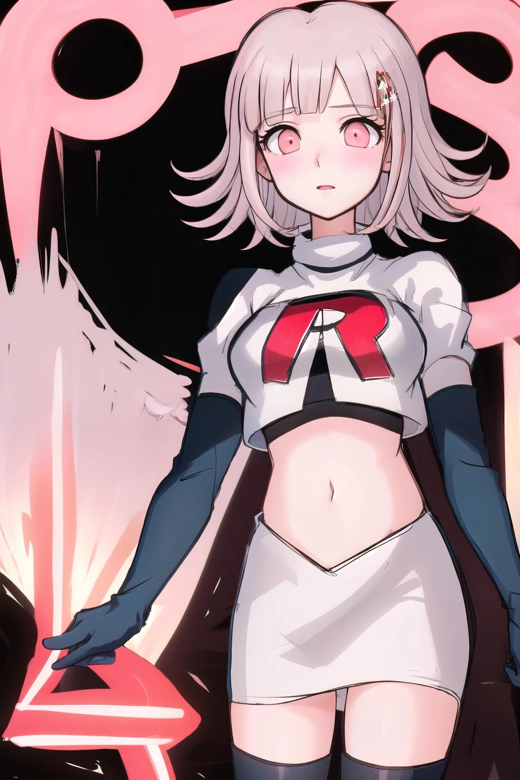 1girl, solo,Chiaki, hair ornament, hairclip, breasts,light pink hair, medium hair, cowboy shot, blushes, (perfect hands), team rocket,team rocket uniform,white skirt,red letter R,crop top,black thigh-highs,black elbow gloves