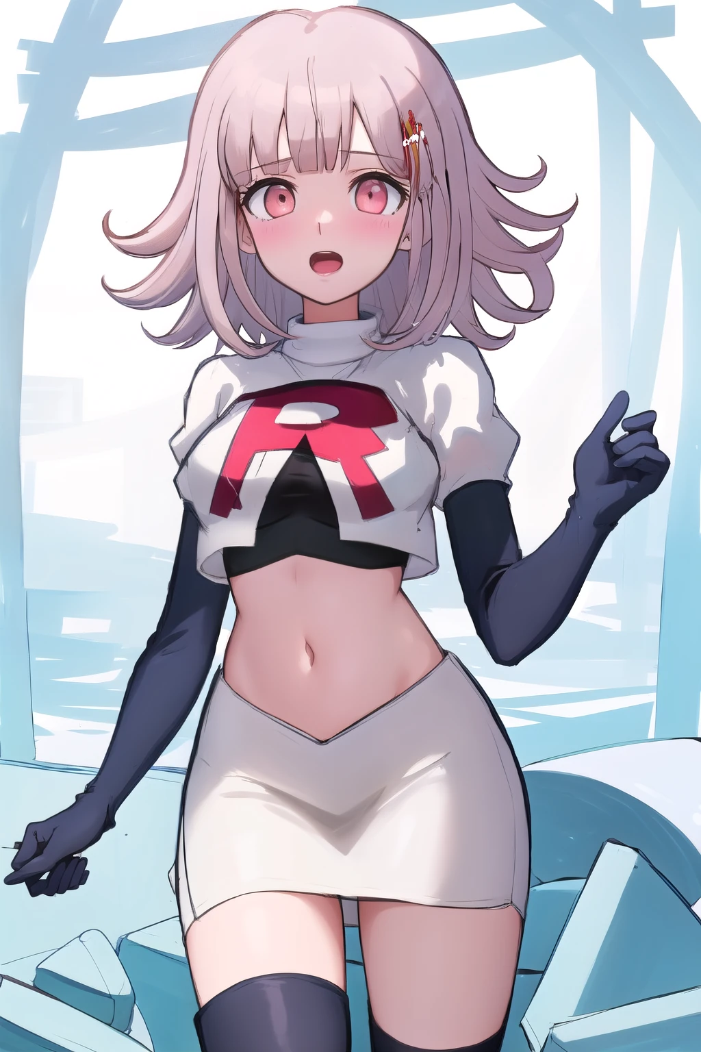 1girl, solo,Chiaki, hair ornament, hairclip, breasts,light pink hair, medium hair, cowboy shot, blushes, (perfect hands), team rocket,team rocket uniform,white skirt,red letter R,crop top,black thigh-highs,black elbow gloves
