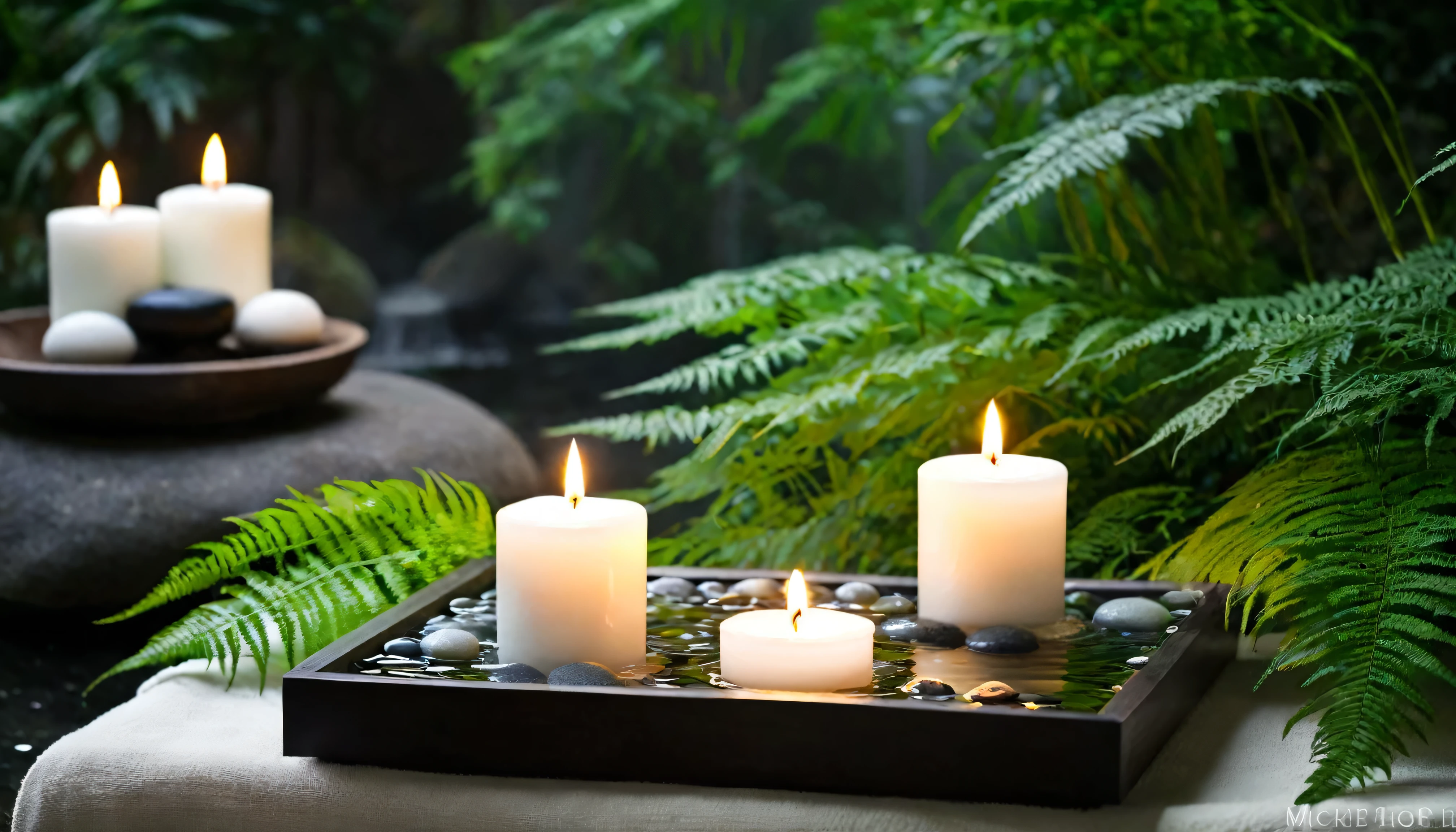 A minimalist Japanese style scene，There is a gurgling stream.Stone platform covered with ferns located deep in the tranquil forest bokeh background、Light two scented candles，The scene includes soft lighting、Flat lay roses、White silk scarf、SPA energy stones of various colors、crystal ..Exquisite transparent SPA essential oil in glass bottle，and gentle candlelight，Create a fresh、Bright、Relaxing and comfortable atmosphere，Evoking a sense of tranquility and simplicity。A peaceful aura or meditative state has a warm and pure atmosphere