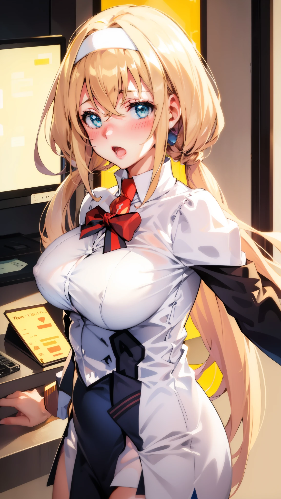 blonde hair,milf,blue eyes,open mouth,big breasts,blush,,solo,low twintail,hair band ,upper body