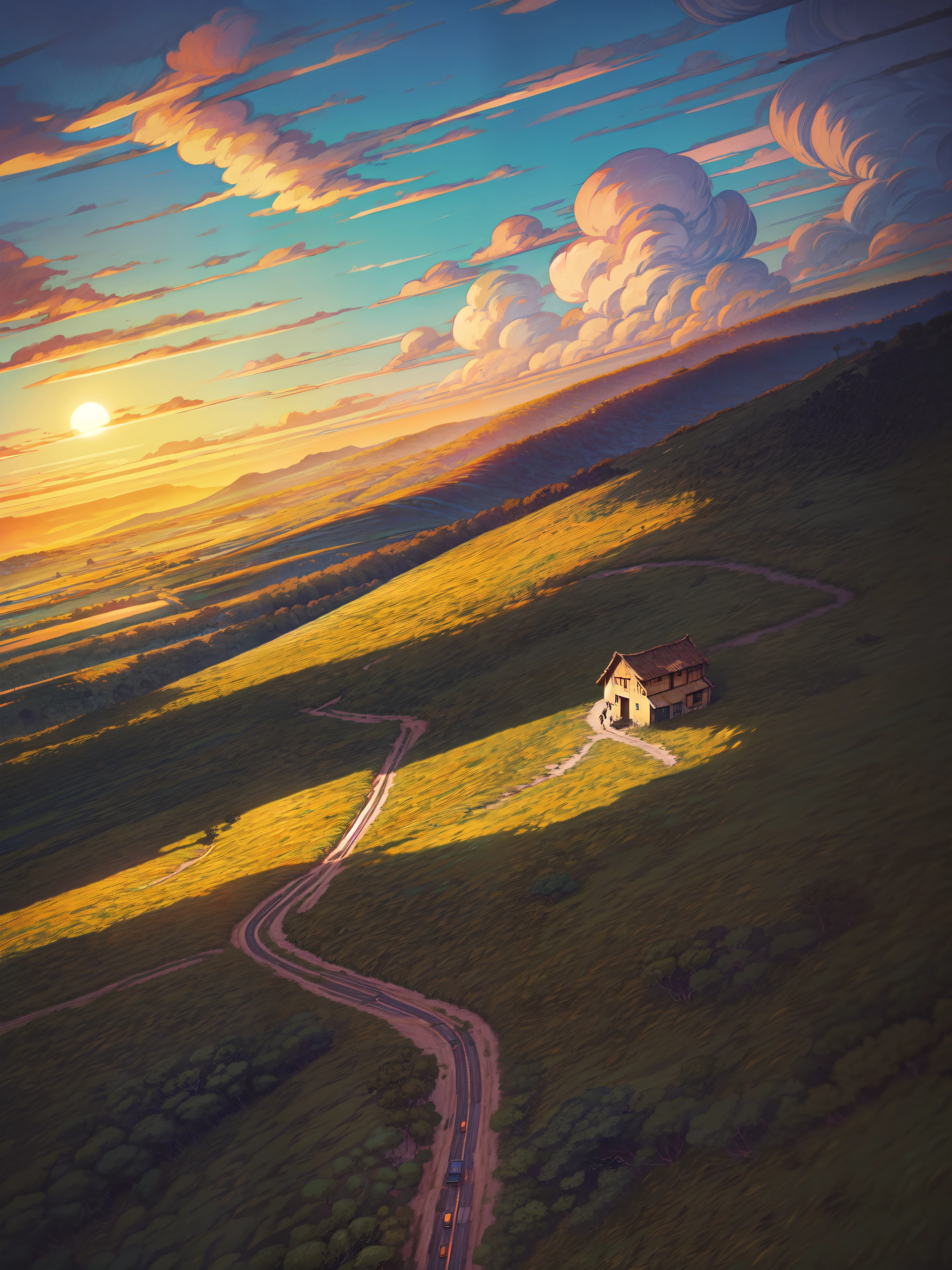 aerial view, Indian village, beautiful huts, western ghats, windy, beautiful weather, stubble, banyan trees, vibrant tones, shining clouds, evening time, thick lines, cozy tones, beautiful sky, ghibli style, outdoors, cozy atmosphere, micro landscape, intrinsic details