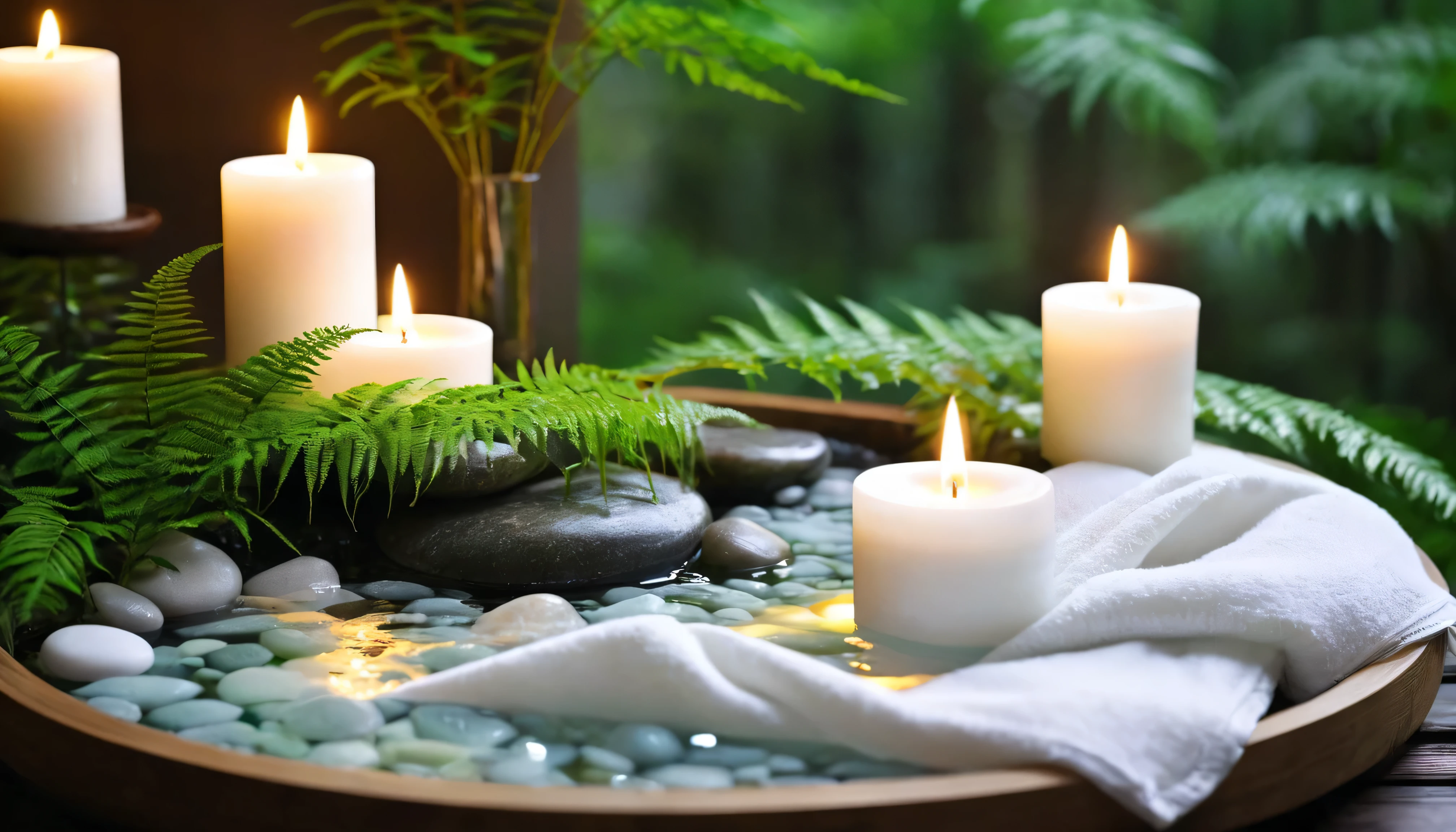 A minimalist Japanese style scene，There is a gurgling stream.Stone platform covered with ferns located deep in the tranquil forest bokeh background、Light two scented candles，The scene includes soft lighting、Flat lay roses、wrinkled white silk scarf、SPA energy stones of various colors、crystal ..Exquisite transparent SPA essential oil in glass bottle，and gentle candlelight，Create a fresh、Bright、Relaxing and comfortable atmosphere，Evoking a sense of tranquility and simplicity。A peaceful aura or meditative state has a warm and pure atmosphere