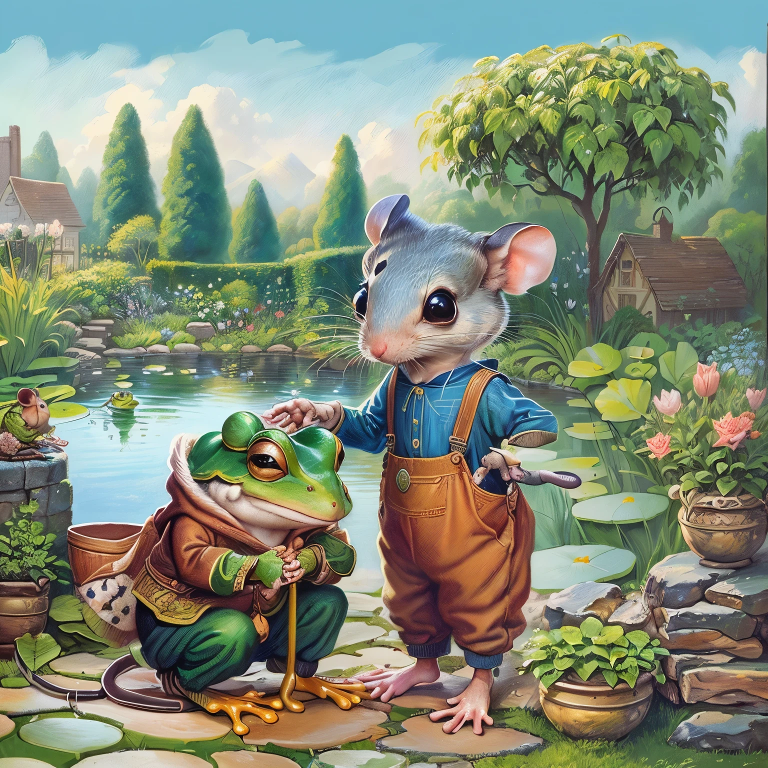 Oil painting of a mouse and a frog in a garden with a pond, Full color illustrations, Anthropomorphic mouse, Storybook illustration, Storybook illustration, rat tribe, cute Storybook illustration, Todd Shore highly detailed, Todd Shore, Children's Book Illustrations, Children's book illustrations, Children's Book Illustrations, Children's book illustrations, darrell k sweet, Mouse in clothes