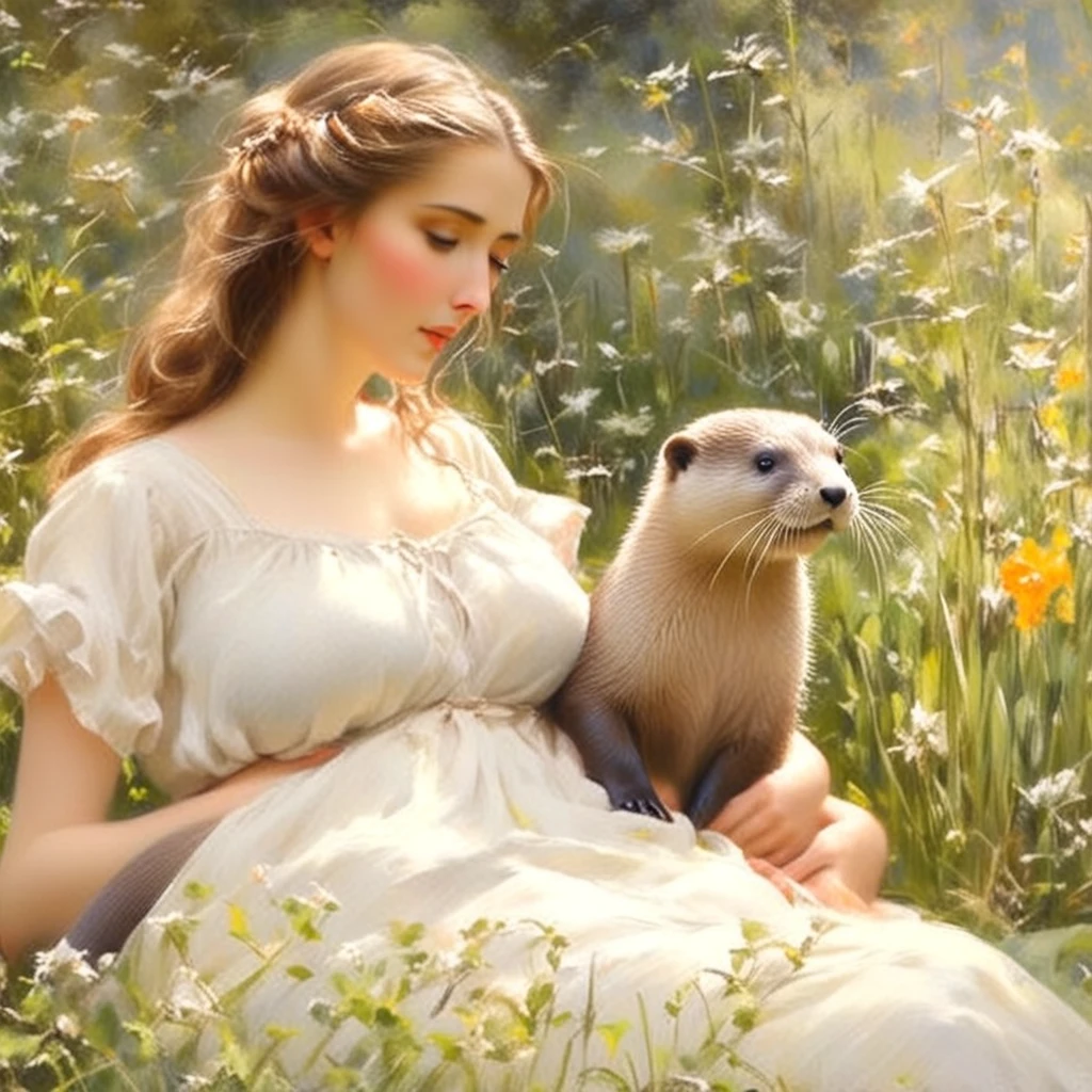 (full body picture, head to toe)(a woman in a sheer white dress looks surprised,startled,surprised,wondering,in awe,amazed,intrigued,curious,bewildered) (as an otter cuddles up,snuggles up,nuzzles into,settle down,rest,tucks itself,snuggles into,cuddle in) (between her breasts,against her chest,between her chest,close to her heart,close to her body,inside her arms) and goes to sleep. (material: oil painting,acrylic painting,canvas paint,watercolor painting) (additional details: beautiful garden,flower petals,floating petals,sunshine shining,sunlight filtering,glowing light,dappled light,soft breeze,peaceful) ((best quality,4k,8k,highres,masterpiece:1.2),ultra-detailed,(realistic,photorealistic,photo-realistic:1.37),vivid colors,HDR,sharp focus) (art style: realism,impressionism,romanticism) (color palette: pastel colors,soft hues,warm tones) (light: soft lighting,warm lighting,natural lighting)