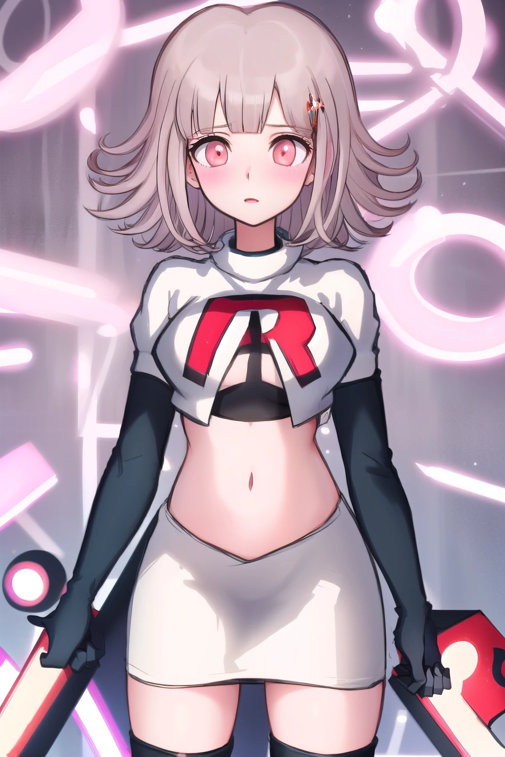 1girl, solo,Chiaki, hair ornament, hairclip, breasts,light pink hair, medium hair, cowboy shot, blushes, (perfect hands), team rocket,team rocket uniform,white skirt,red letter R,crop top,black thigh-highs,black elbow gloves