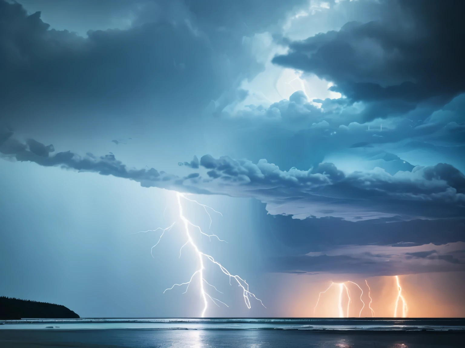 a close up of a lightning bolt hitting a cloud over a body of water, a picture by Karl Völker, pexels, digital art, dark storms with lightning, night sea storm, stormy weather with lightning, lighning storm, storm at night, dark clouds and lightning, storm at sea, lightning storm, magic storm and thunder clouds, cyan lightning