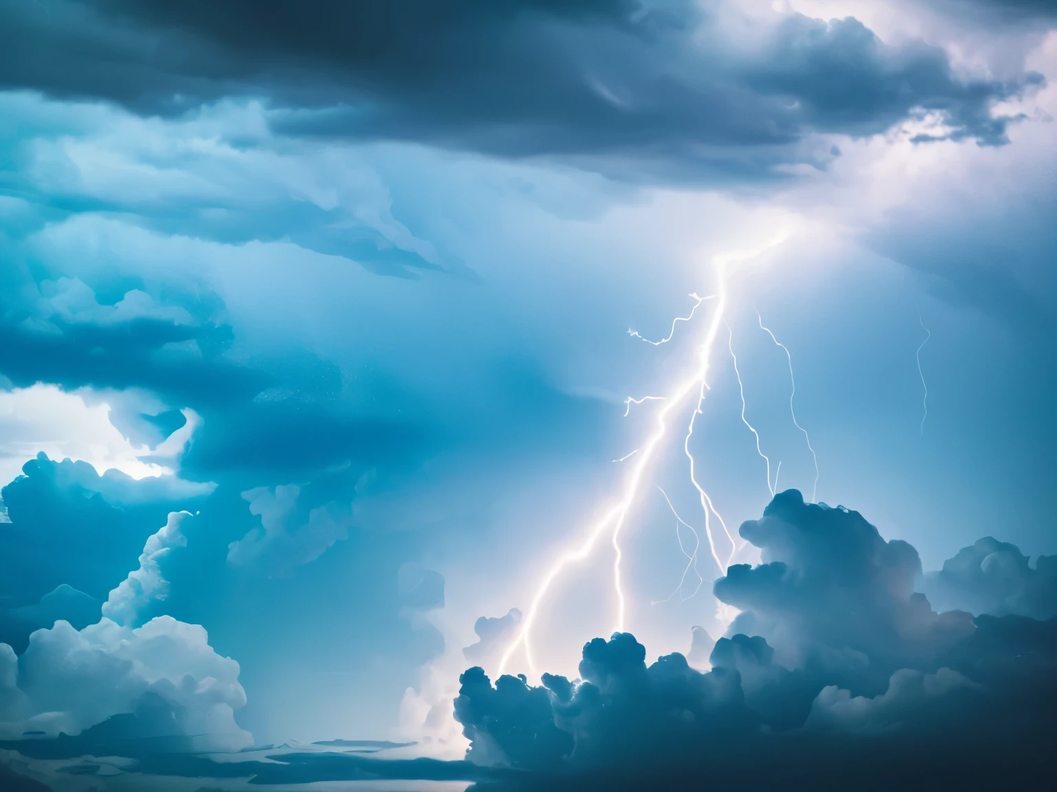 a close up of a lightning bolt hitting a cloud over a body of water, a picture by Karl Völker, pexels, digital art, dark storms with lightning, night sea storm, stormy weather with lightning, lighning storm, storm at night, dark clouds and lightning, storm at sea, lightning storm, magic storm and thunder clouds, cyan lightning
