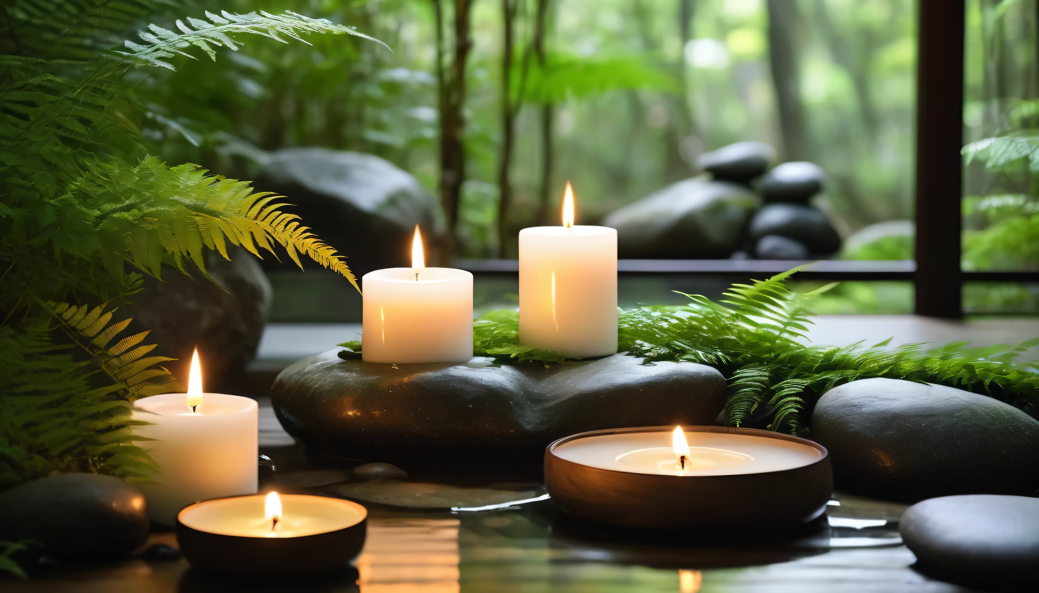A minimalist Japanese style scene,There is a gurgling stream.Stone platform covered with ferns located deep in the tranquil forest bokeh background、Light two scented candles,The scene includes soft lighting、Flat lay roses、wrinkled white silk scarf、SPA energy stone、Exquisite transparent SPA essential oil in glass bottle,and gentle candlelight,Create a fresh、Bright、Relaxing and comfortable atmosphere,Evoking a sense of tranquility and simplicity。A peaceful aura or meditative state has a warm and pure atmosphere