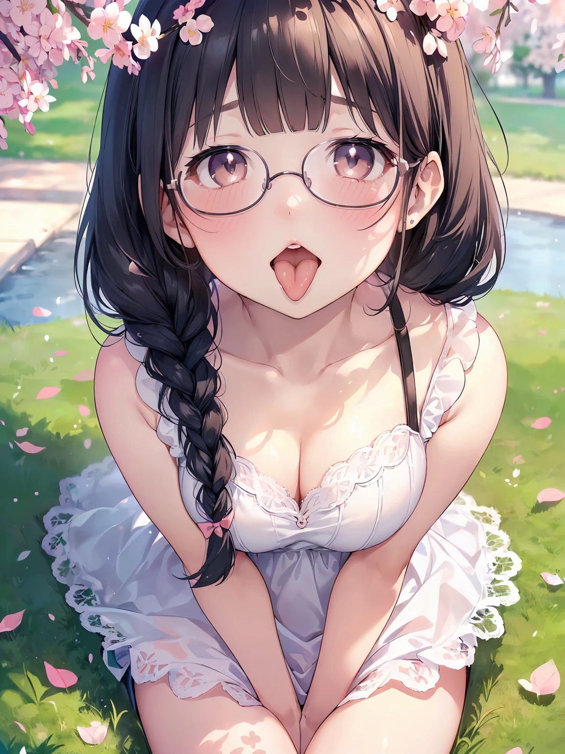 Very detailed, highest quality, High resolution, Moe Anime, ((A cute elementary school girl with black hair and droopy eyes)), ((Wearing large round glasses:1.4)), (Baby Face), Cute eyes, Detailed eye depiction, Sparkle in the eyes, View your viewers, Pale skin, (Big eyes:1.4, Droopy eyes:1.4, Fatty face:1.4), smile, Focus on the face, In the park with cherry blossoms falling, Sitting, (Extreme close up of tongue), (((From above))), Open your mouth, (((Face only:1.3))), ((white lace sleeveless dress)), Bright Eyes, (Put your hands between your legs:1.4), large and long tongue, Cleavage, Braided hairstyle, Pink ribbon