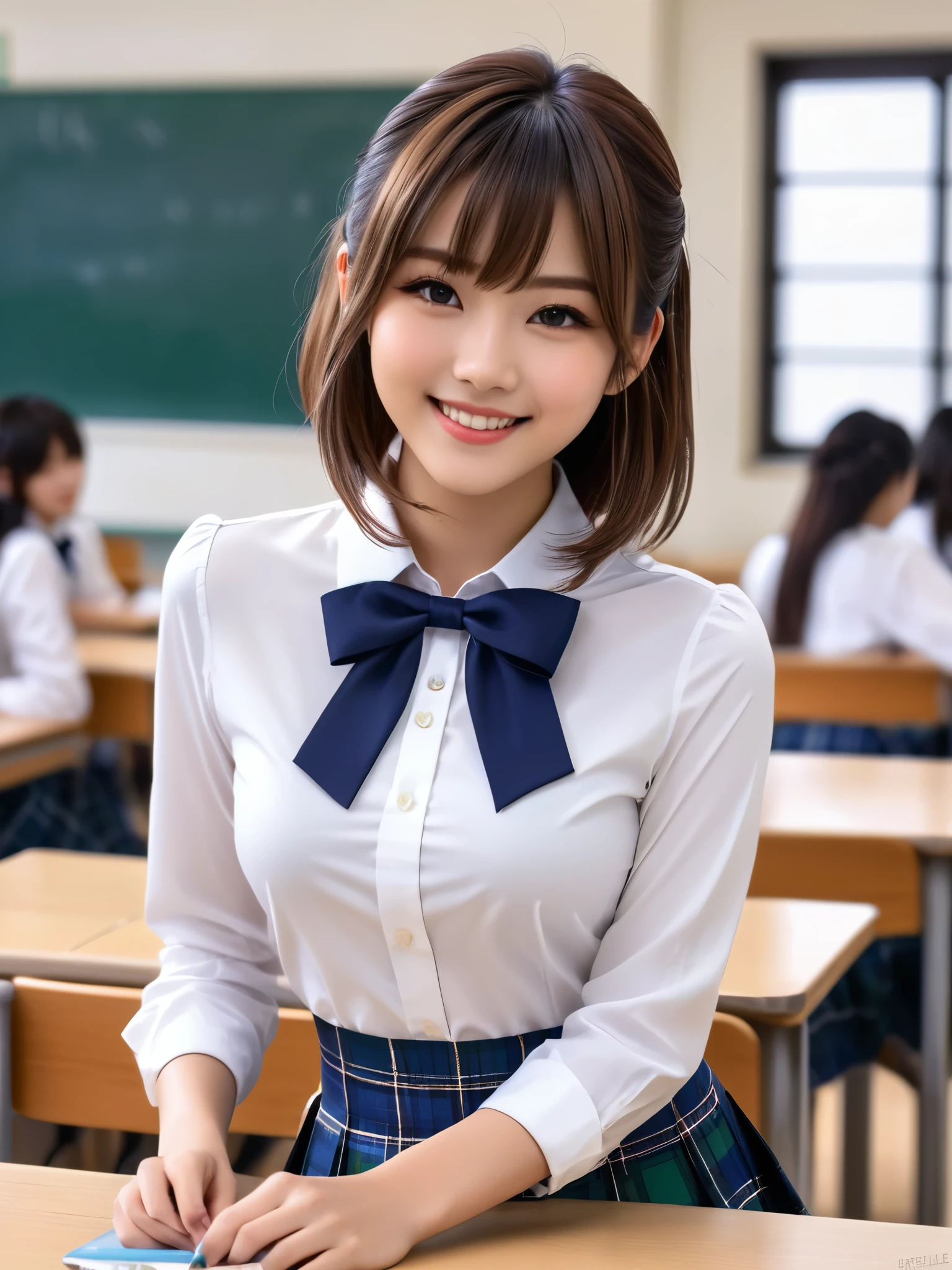 product quality, 1girl, full body shot, front view, a Japanese young pretty girl, 18 years old, short hair, having a lunch with a big smile in a crowded classroom of a high school, a lunchbox on her desk, glamorous figure, busty, wearing a long sleeves white shirt with a collar, plain dark blue bow tie, dark blue tartan plaid pleated skirt, hyper cute face, glossy lips, double eyelids in both eyes, natural makeup, long eyelashes, shiny smooth light brown hair, asymmetrical bangs, fair skin, central image, high resolution, high detail, detailed hairstyle, detailed face, spectacular cinematic lighting, octane rendering, vibrant, hyper realistic, perfect limbs, perfect anatomy