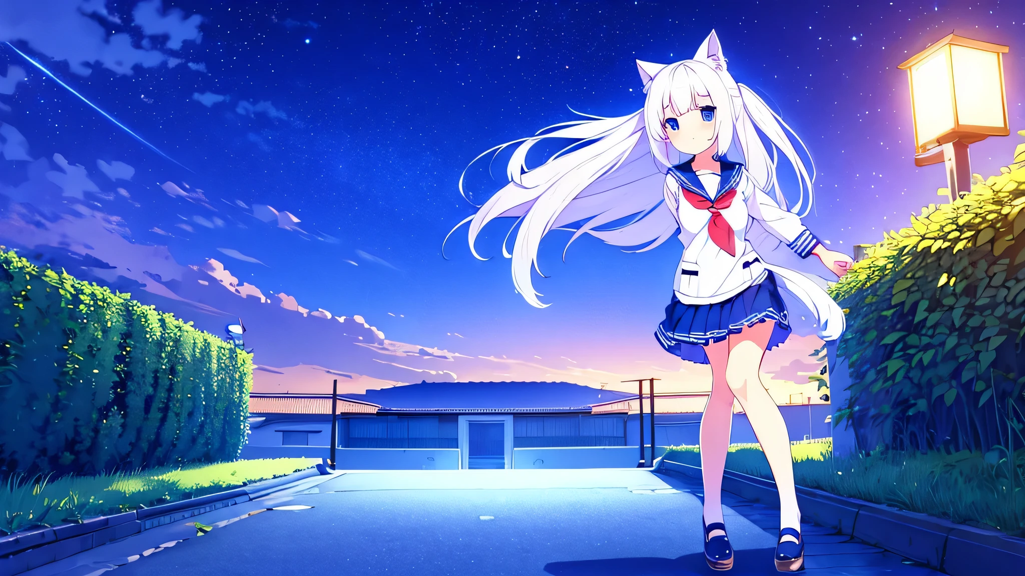 excellent quality 4k beautiful girl blue eyes white hair sailor short skirt navy white with blue cat ears in yard with a starry dusk in the background full body