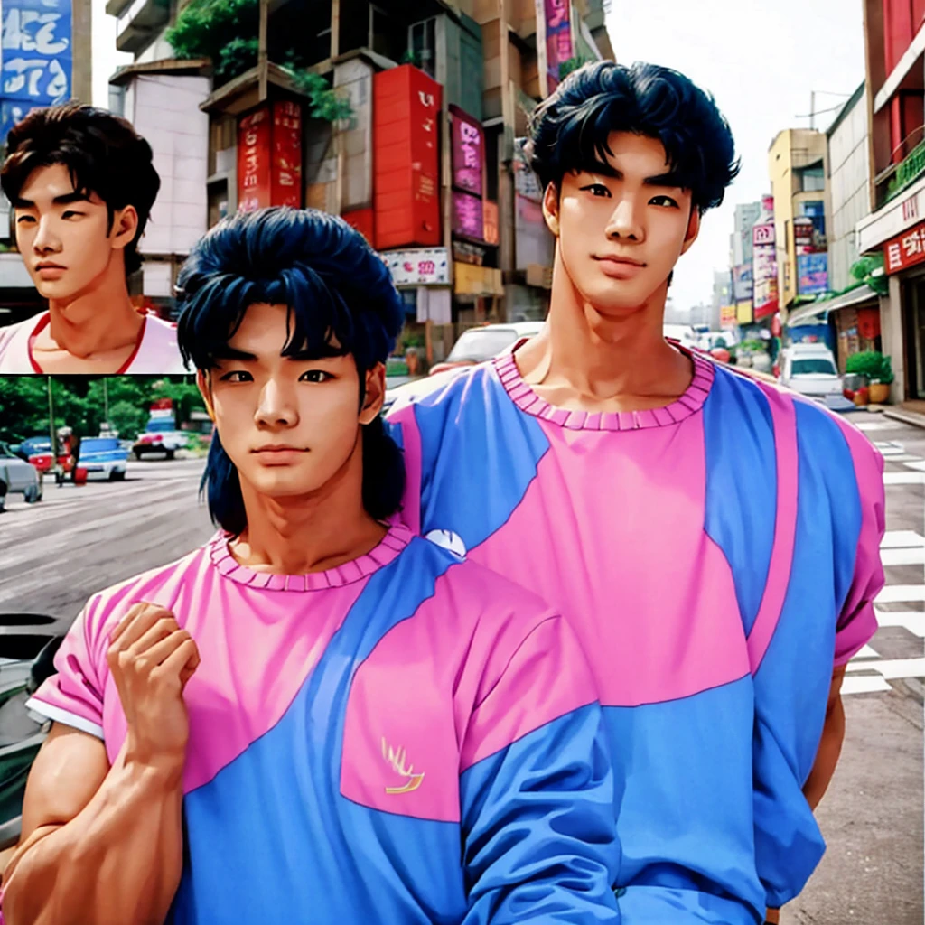 very 80s vaporwave anime style having including very appealing looking attractive young korean couple male and female together a handsome goodlooking kinda strong muscular young Korean guy with very model like looks chiseled very sculpted With a very cute lovely ullzang kawaii Korean young lady in a somewhat retro and kinda very ulzzang-kawaii trendy hipster look and style with a verytraditional 1970s-1980s Seoul looking type neighborhood as backdrop"