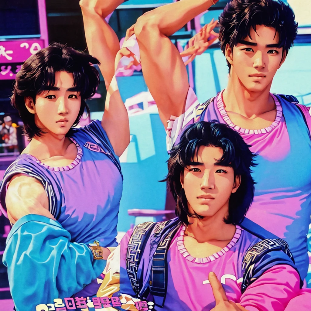 very 80s vaporwave anime style having including very appealing looking attractive young korean couple male and female together a handsome goodlooking kinda strong muscular young Korean guy with very model like looks chiseled very sculpted With a very cute lovely ullzang kawaii Korean young lady in a somewhat retro and kinda very ulzzang-kawaii trendy hipster look and style with a verytraditional 1970s-1980s Seoul looking type neighborhood as backdrop"