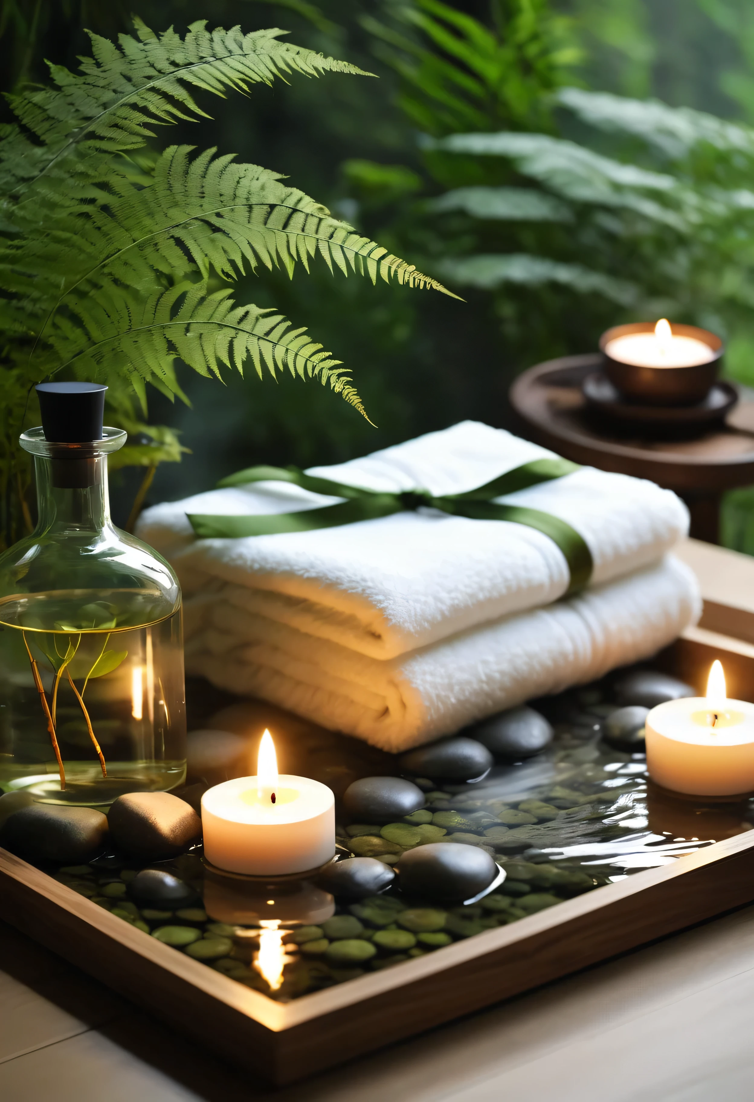 A minimalist Japanese style scene,There is a gurgling stream.Stone platform covered with ferns located deep in the tranquil forest bokeh background、Light two scented candles,The scene includes soft lighting、Flat lay roses、wrinkled white silk scarf、SPA energy stone、Exquisite transparent SPA essential oil in glass bottle,and gentle candlelight,Create a fresh、Bright、Relaxing and comfortable atmosphere,Evoking a sense of tranquility and simplicity。A peaceful aura or meditative state has a warm and pure atmosphere