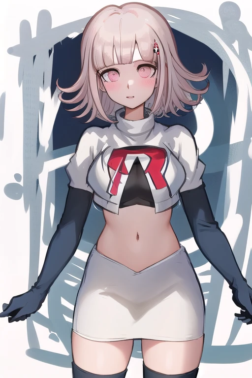 1girl, solo,Chiaki, hair ornament, hairclip, breasts,light pink hair, medium hair, cowboy shot, blushes, (perfect hands), team rocket,team rocket uniform,white skirt,red letter R,crop top,black thigh-highs,black elbow gloves