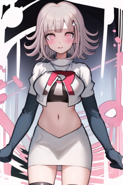 1girl, solo,Chiaki, hair ornament, hairclip, breasts,light pink hair, medium hair, cowboy shot, blushes, (perfect hands), team rocket,team rocket uniform,white skirt,red letter R,crop top,black thigh-highs,black elbow gloves