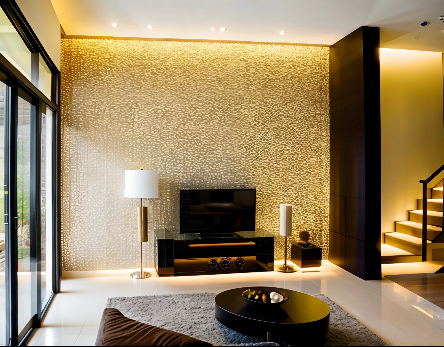 livingroom, interior, luxury interior, recessed ceiling lighting, Luxurious TV shelf, modern wall,The staircase partition is replaced with a wine cabinet