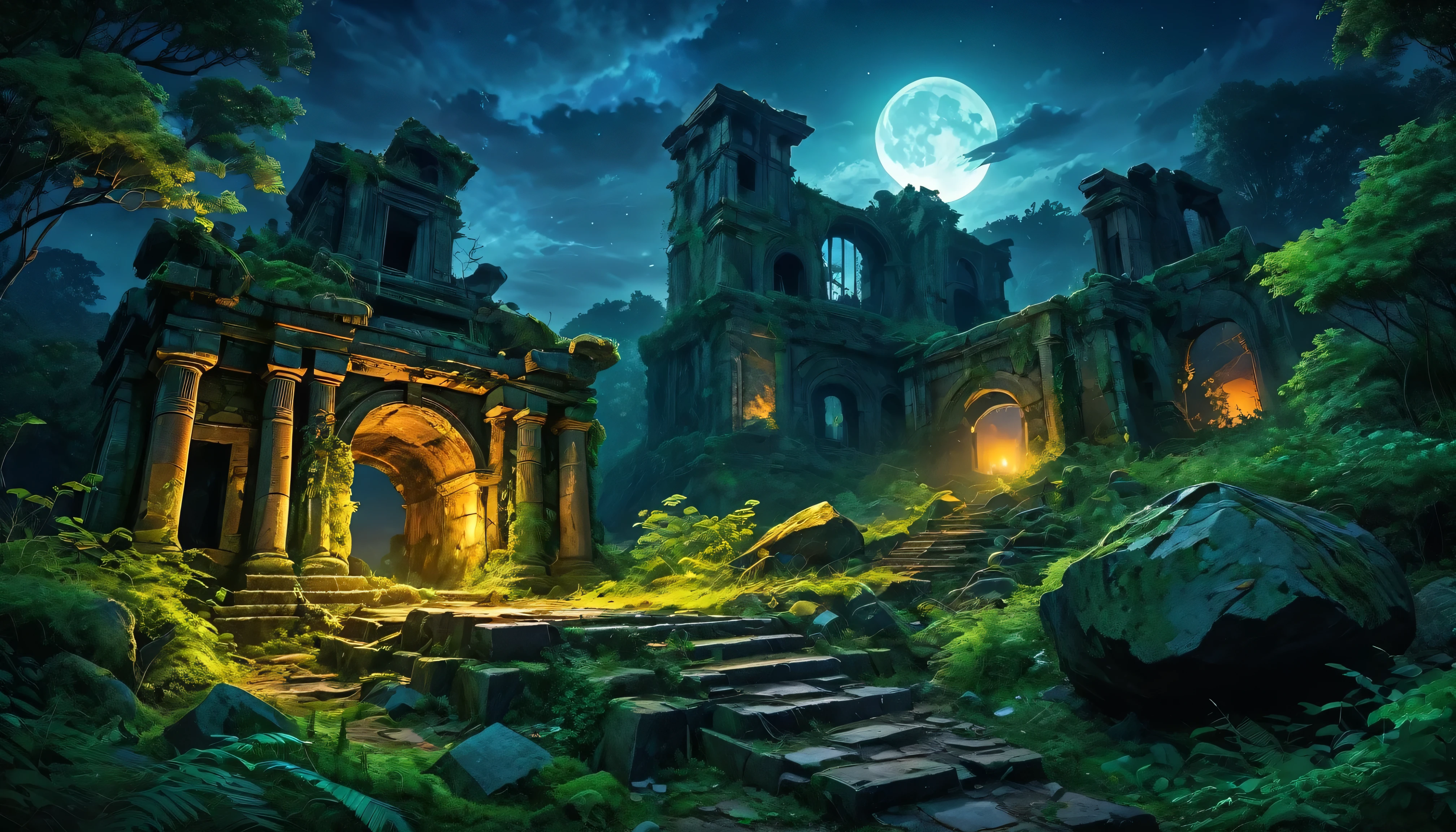 (anime, fantasy),(best quality, highres, HDR:1.2),vibrant colors, mysterious atmosphere, gloomy, spooky, magical, overgrown abandoned ancient civilization in the forest, (crumbled ruins), boulder spread out, dead vegetation, ((night, dark atmosphere)), fantastical landscapes