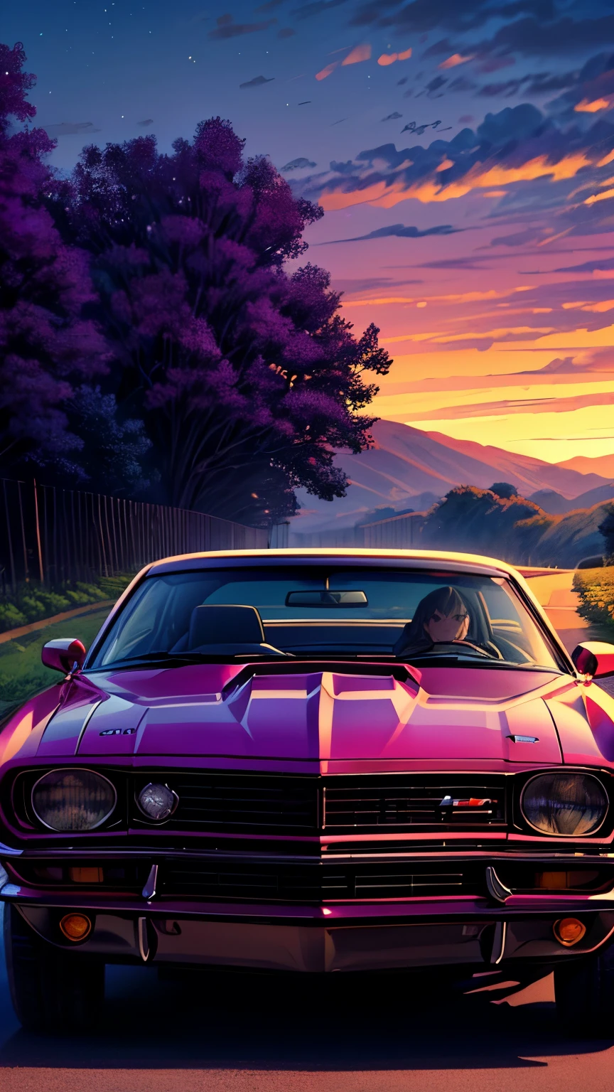 "Imagine a vintage Camaro driving down a perfectly straight highway towards a beautiful horizon. The car’s polished chrome gleams in the soft glow of the setting sun. The road is flanked by rolling hills and wildflowers, creating a picturesque path.

Above, the sky is a blend of deep orange, pink, and purple as the sun sets. Wispy clouds catch the evening light, adding depth to the scene. The Camaro’s engine purrs smoothly, its classic silhouette moving gracefully through the landscape.

As the Camaro heads towards the glowing horizon, bathed in golden light, the scene captures the essence of freedom and the timeless charm of the open road."