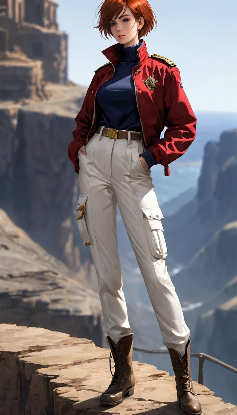 (Maximum resolution, Clearly_image) Excellent, masterpiece, High Detail, Semi-realistic,Intergalactic cowboy, A very beautiful woman, solitary, Normal handsome posture, Red short hair, Golden Eyes, indifferent expression, 18 years old, young, Tall and strong , white and red military uniform, Pants, Military Pants, Military boots, military uniform, Military Academy, confident, Serious, Cold and proud, standing on the cliff, Overlooking