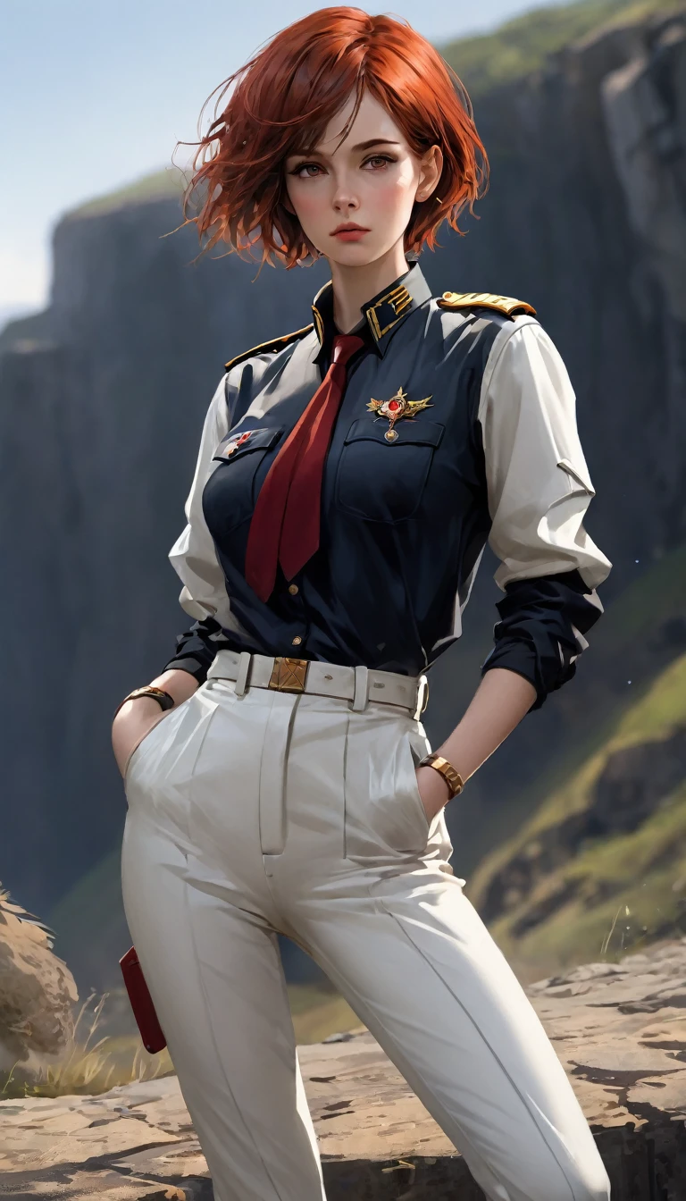 (Maximum resolution, Clearly_image) Excellent, masterpiece, High Detail, Semi-realistic,Intergalactic cowboy, A very beautiful woman, solitary, Normal handsome posture, Red short hair, Golden Eyes, indifferent expression, 18 years old, young, Tall and strong , white and red military uniform, Pants, Military Pants, Military boots, military uniform, Military Academy, confident, Serious, Cold and proud, standing on the cliff, Overlooking
