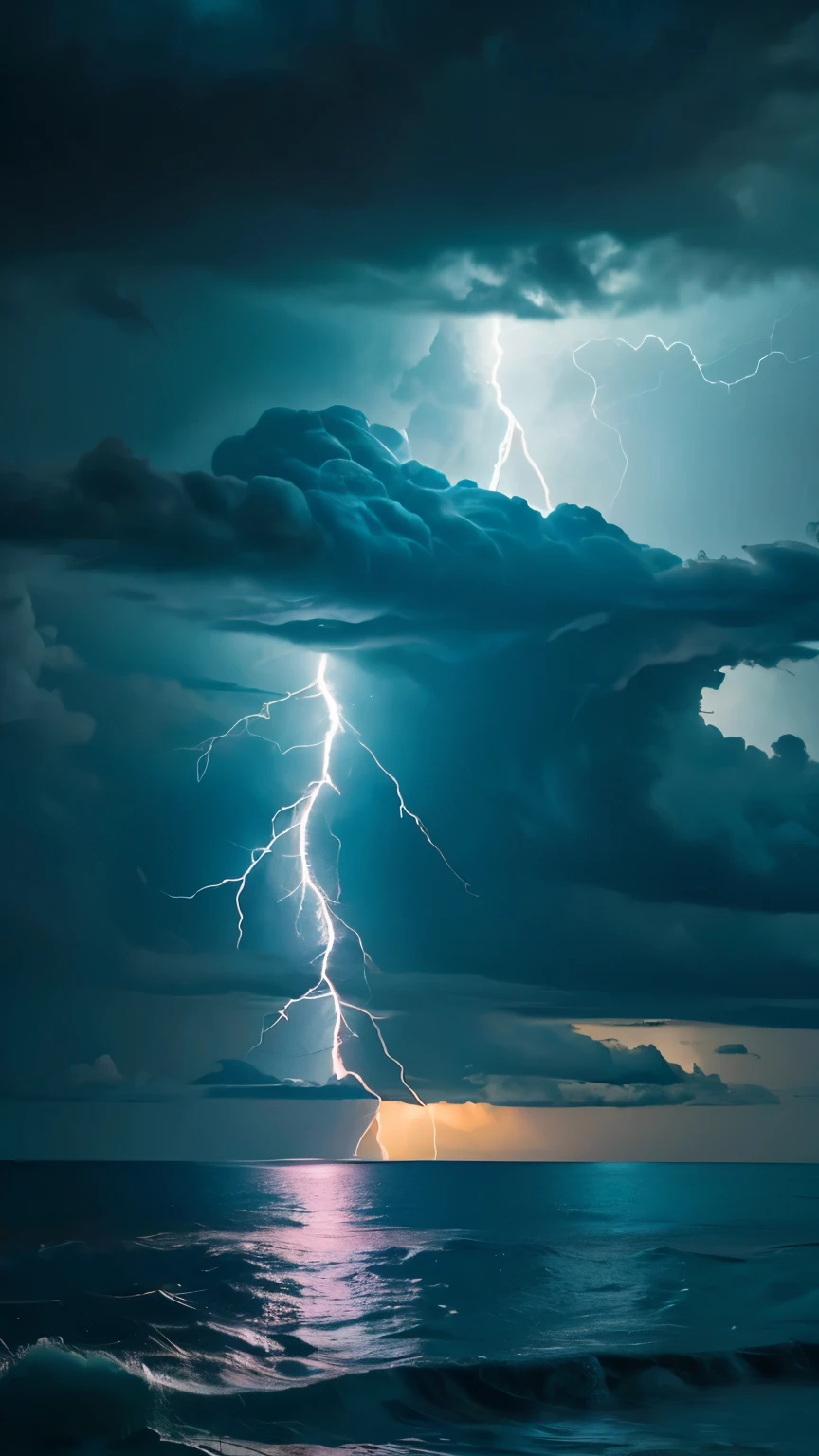 a close up of a lightning bolt hitting a cloud over a body of water, dark storms with lightning, night sea storm, stormy weather with lightning, lighning storm, storm at night, dark clouds and lightning, storm at sea, magic storm and thunder clouds, lightning storm, cyan lightning, ominous nighttime storm, thunder storm, storm on horizon