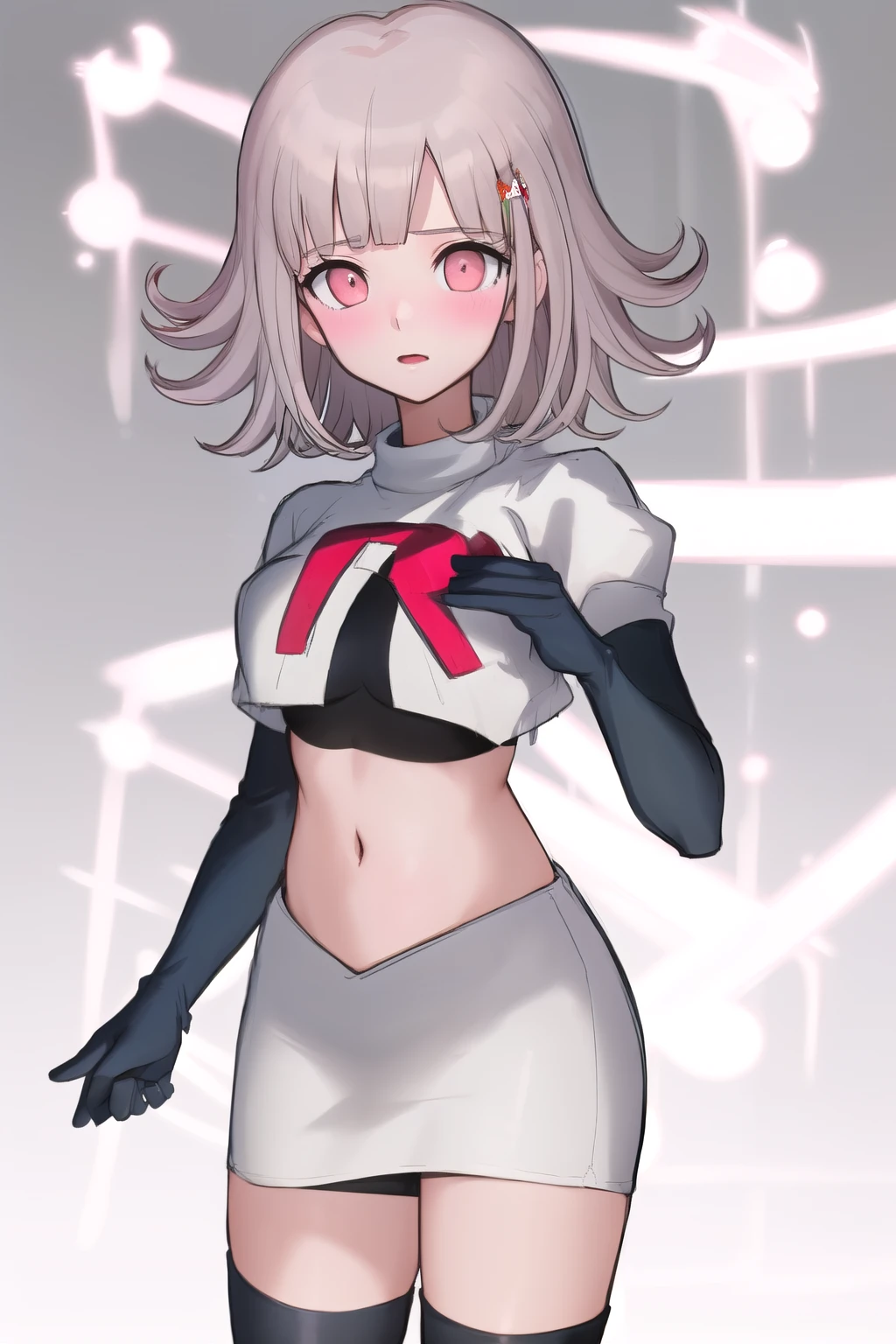 1girl, solo,Chiaki, hair ornament, hairclip, breasts,light pink hair, medium hair, cowboy shot, blushes, (perfect hands), team rocket,team rocket uniform,white skirt,red letter R,crop top,black thigh-highs,black elbow gloves