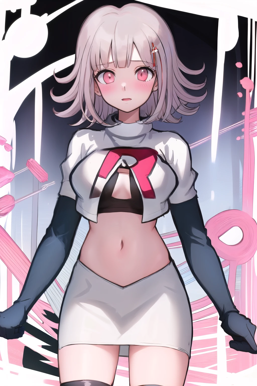 1girl, solo,Chiaki, hair ornament, hairclip, breasts,light pink hair, medium hair, cowboy shot, blushes, (perfect hands), team rocket,team rocket uniform,white skirt,red letter R,crop top,black thigh-highs,black elbow gloves