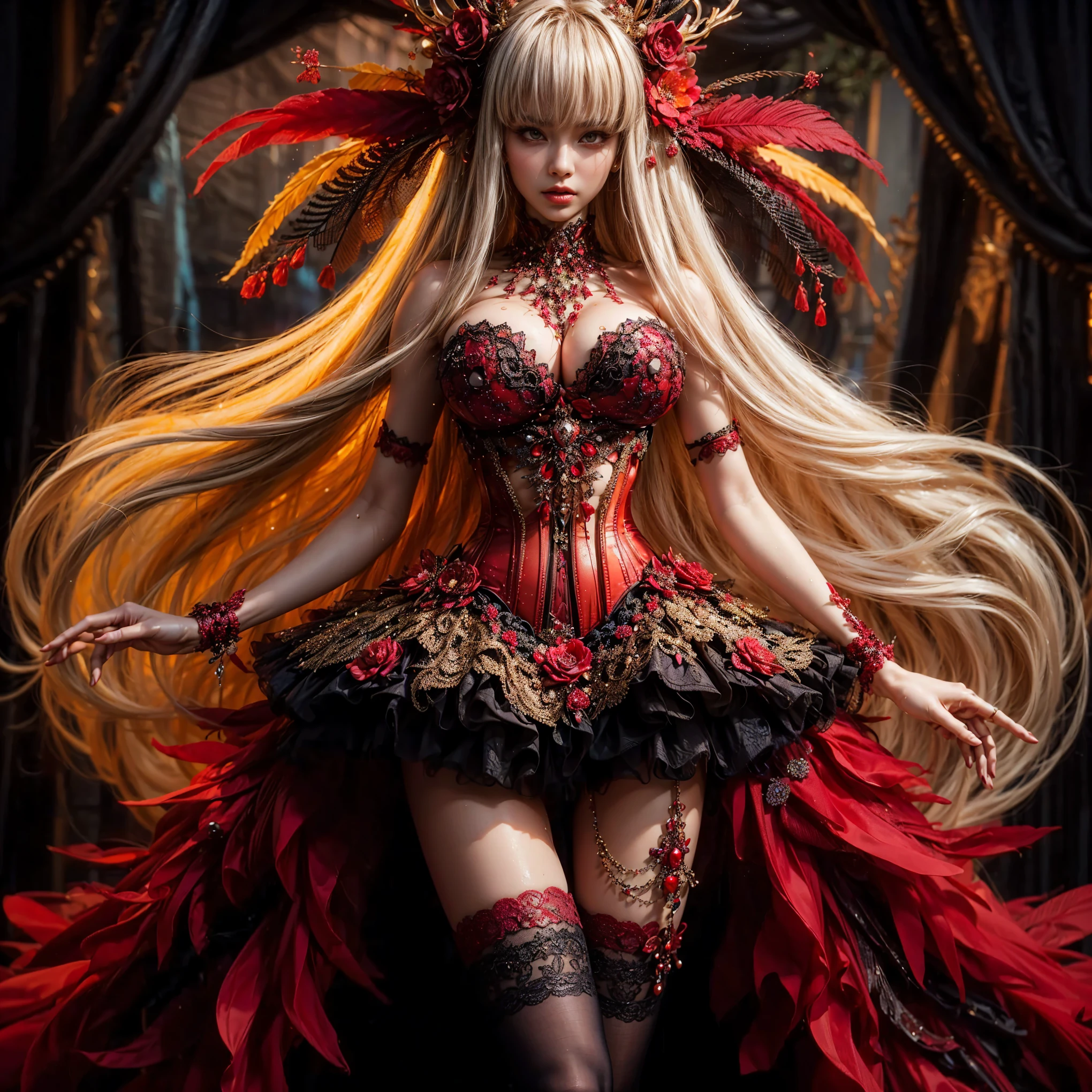 An asian woman with loose hair, gigantic breast, standing on the stairs in the middle of a magical atmosphere, with a predominantly blue and red costume, a strapless armored corset-style dress decorated with bright purple jewels, a short tutu skirt, black thigh-high stockings with lace tops and ornaments purple jewels, white high heels with gold decoration, grand staircase background under mysterious sky full of stars and celestial bodies, crystal detailed, hyper realistic, hyper detail Transparent clothing, Detailed gemstones, masterpiece, best quality:1.2),,(8k,highres,RAW photo,realistic,photo-realistic:1.3),(detailed skin texture,detailed cloth texture, beautiful detailed face:1.25),professional lighting,photon mapping,beautiful soft light,radiosity,physically-based rendering,raytracing, model shoot style, model shoot style, (extremely detailed CG unity 8k wallpaper), full shot body photo of the most beautiful artwork in the world (NSFW), (Nude), (Naked), (Nipple) (pussy) (wet pussy) (pussy creampie) (body sweating) (wet clothing) (navel) (veiny breasts) (detailed veiny breasts)