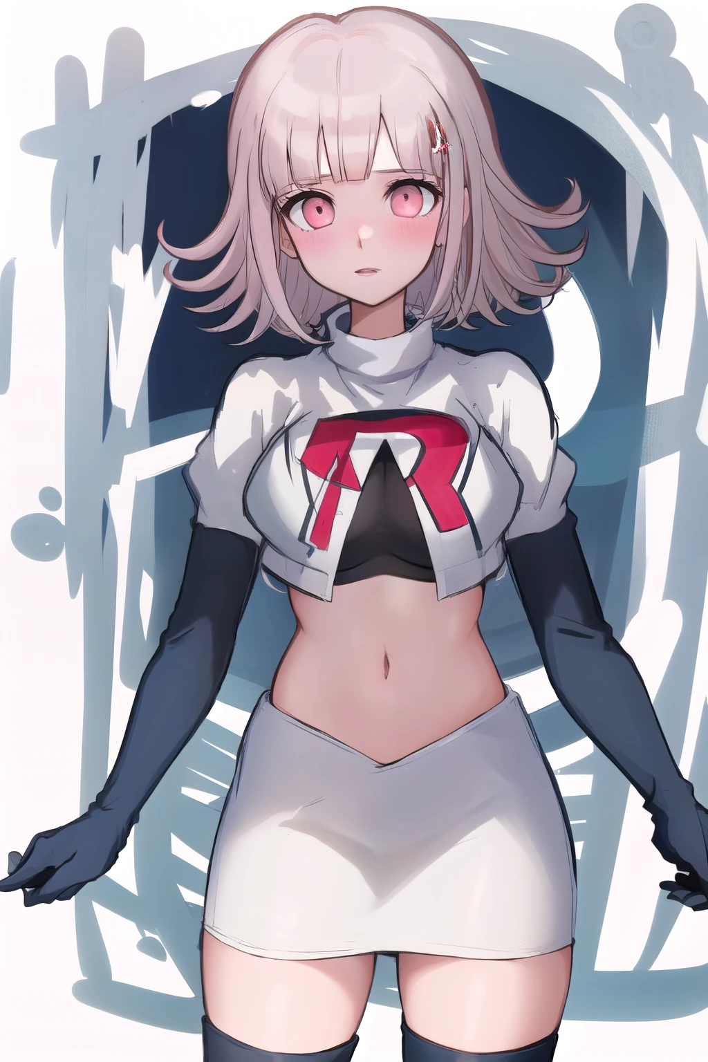1girl, solo,Chiaki, hair ornament, hairclip, breasts,light pink hair, medium hair, cowboy shot, blushes, (perfect hands), team rocket,team rocket uniform,white skirt,red letter R,crop top,black thigh-highs,black elbow gloves