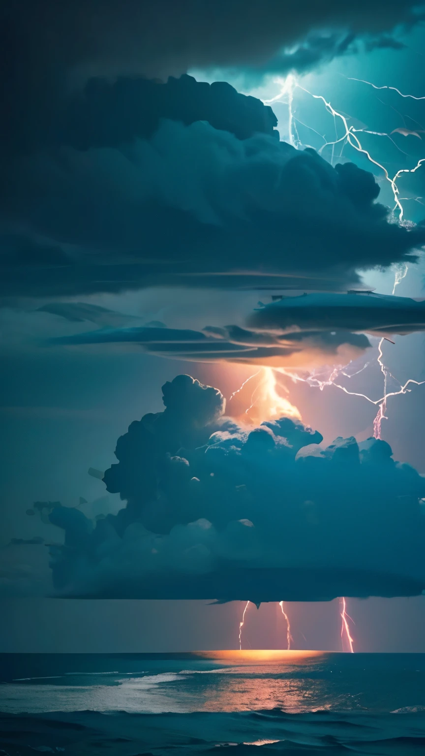 a close up of a lightning bolt hitting a cloud over a body of water, a picture by Karl Völker, pexels, digital art, dark storms with lightning, night sea storm, stormy weather with lightning, lighning storm, storm at night, dark clouds and lightning, storm at sea, lightning storm, magic storm and thunder clouds, cyan lightning