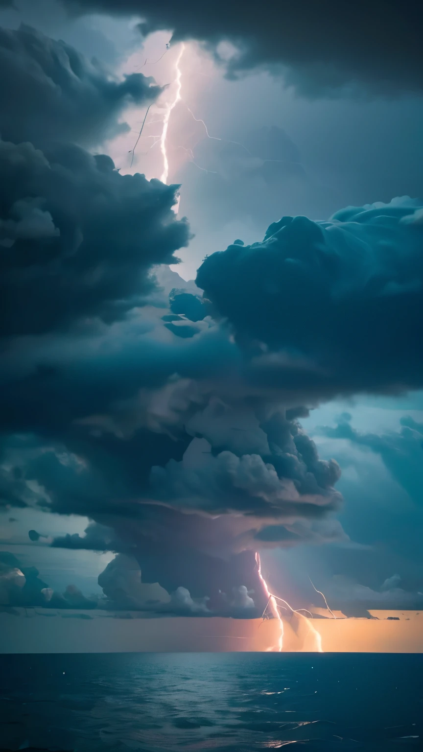 a close up of a lightning bolt hitting a cloud over a body of water, a picture by Karl Völker, pexels, digital art, dark storms with lightning, night sea storm, stormy weather with lightning, lighning storm, storm at night, dark clouds and lightning, storm at sea, lightning storm, magic storm and thunder clouds, cyan lightning