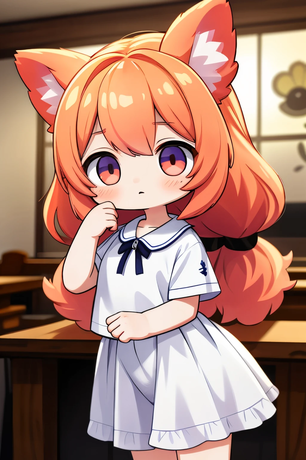 Akchibi, (chibi),melhor qualidade,best resolution,(fofo antro peludo :1.6),garota raposa,cabelo longo ruivo,curvy hair,(pelo amarelo claro),sala de aula,Luz e sombra,(white shirt with short arm),gravata vermelha,Saia preta,meia branca,copos,Fita hairpin,olhando para o espectador,rosto sexy,eyes too close,blush de rosto inteiro,pose sexy,eyes of the heart,heart expression eyes
