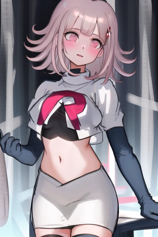 1girl, solo,Chiaki, hair ornament, hairclip, breasts,light pink hair, medium hair, cowboy shot, blushes, (perfect hands), team rocket,team rocket uniform,white skirt,red letter R,crop top,black thigh-highs,black elbow gloves