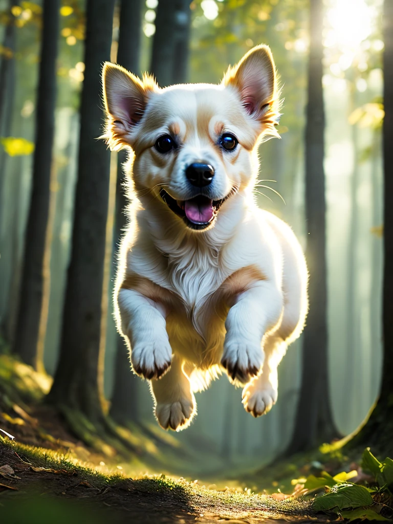 Close up photo of a very cute jumping puppy in the forest, Soft volumetric light, (Backlight:1.3), (Movie:1.2), Intricate details, (Art Station:1.3), Rutkowski