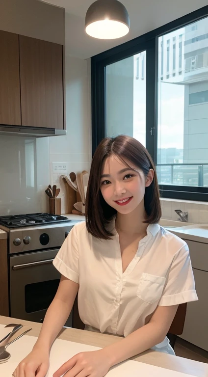 Tabletop, highest quality, shape, Very detailed, In detail, High resolution, 8k wallpaper, Perfect dynamic composition, Beautiful details, Revealing clothing,Medium Hair, Center of chest, Natural color lip, Random,smile,Tower apartment，kitchen