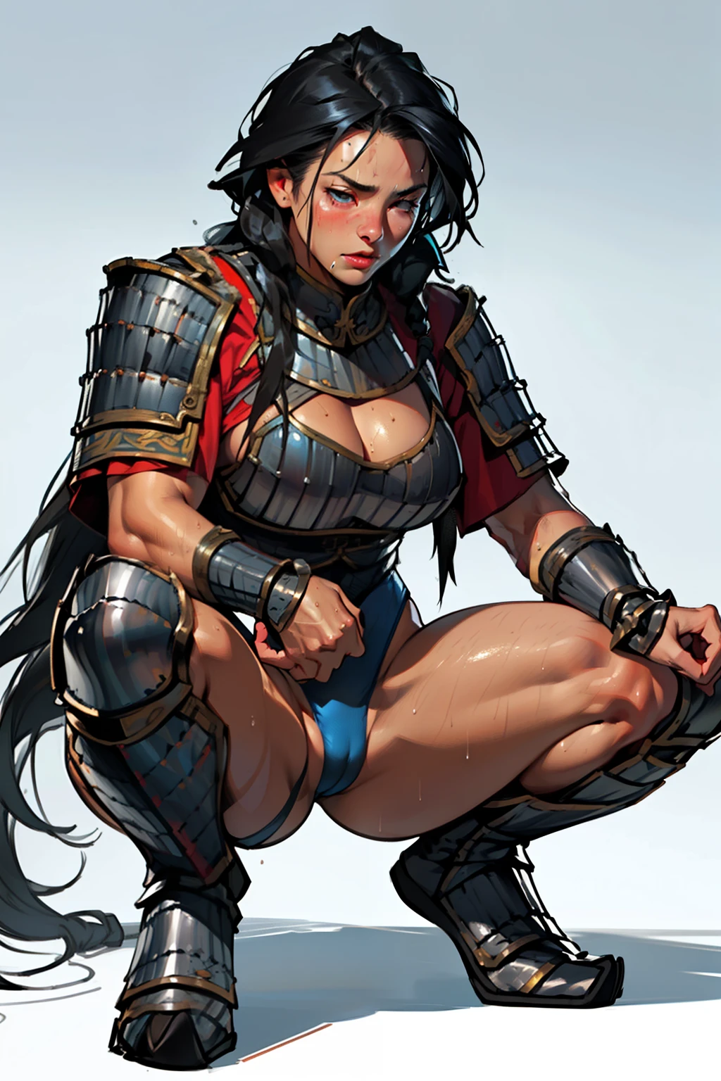 (high resolution, pixel perfect, realistic, gorgeous illustrations), (hyper quality, muste piece, etheric: 1.4), (((1girl))), ((((black skin)))), clothed, (((((((squatting,open legs))))))), tattoo, mature woman, cool atmosphere, (((((((long hair))))))), ((Exquisite face)), (aroused), (((((((muscular))))))), ((thick thighs)), (((wide hips))), ((Big breasts that are about to burst)), fighter, (((woman))), ((((wh_chi_armor)))), ((leotard)), (((cameltoe))), (shiny skin), ((((gleaming skin)))), (((sweat))), simple background,