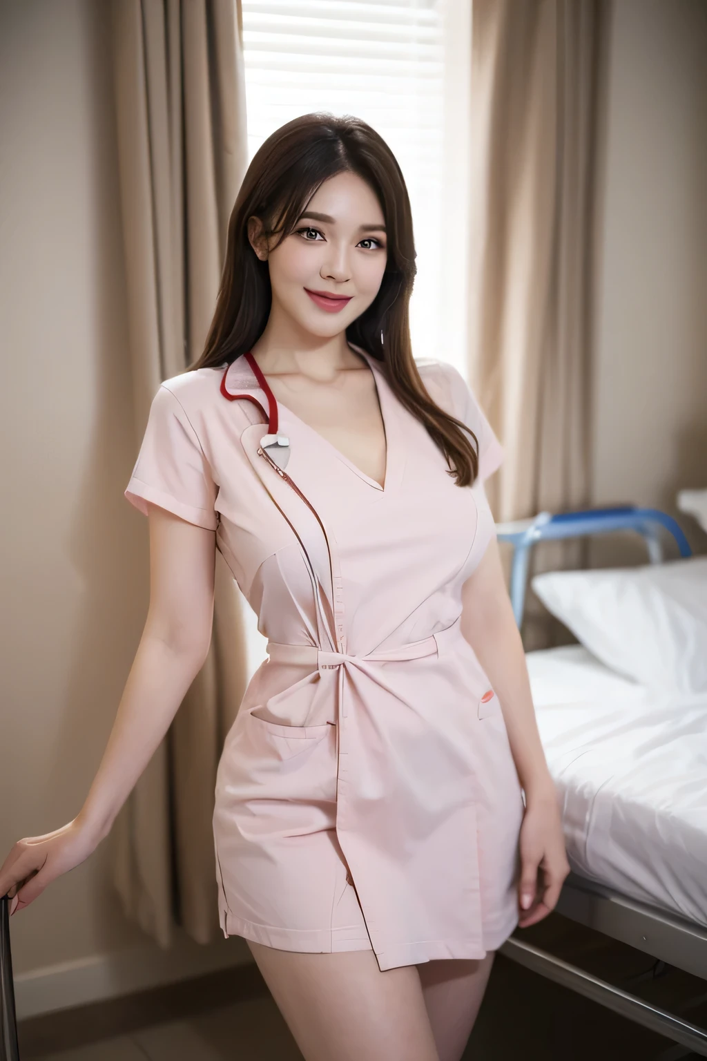 (1 Ultimate Beautiful Mature Nurse)、hyperdetailed face、Detailed lips、detailed eyes、double eyelids、((brunette bob hair))、(nurse's uniform:1.3)、(Glamorous body)、(Huge breasts)、smile、thighs thighs thighs thighs, Perfect fit, Perfect image realism, Background with: (Hospital Patient Rooms:1.2), Cowboy Shot, Meticulous background with, detailed costume, Perfect litthing、Hyper-Realism、(Photorealsitic:1.4)、8K maximum resolution, (​masterpiece), highly detailed, Professional