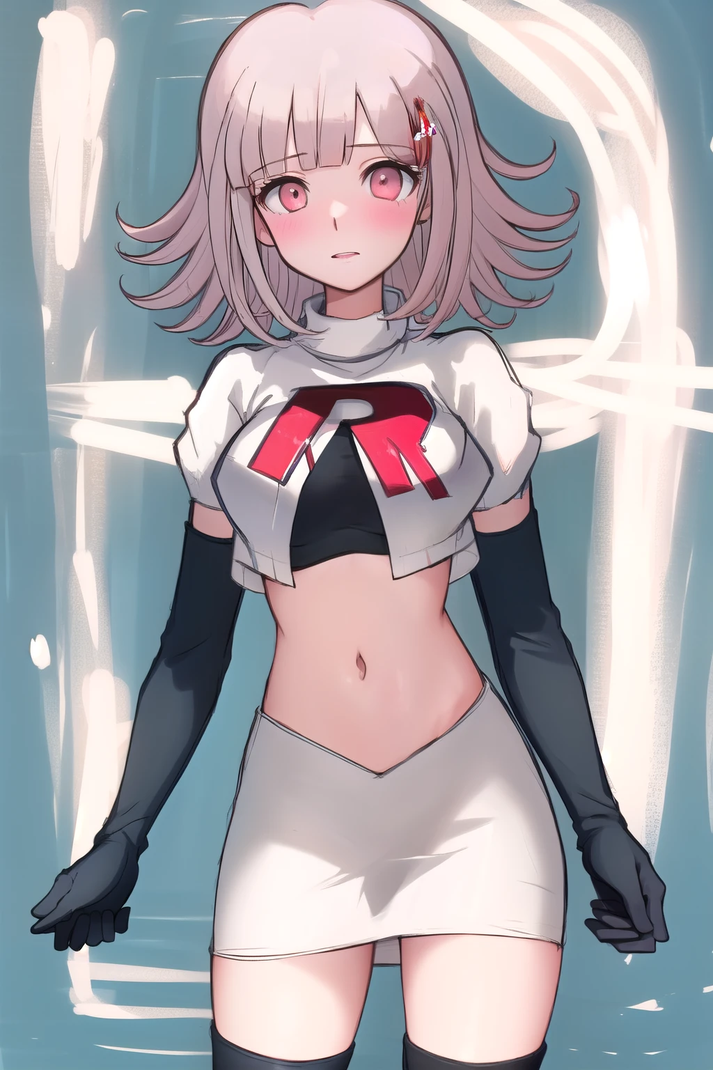 1girl, solo,Chiaki, hair ornament, hairclip, breasts,light pink hair, medium hair, cowboy shot, blushes, (perfect hands), team rocket,team rocket uniform,white skirt,red letter R,crop top,black thigh-highs,black elbow gloves